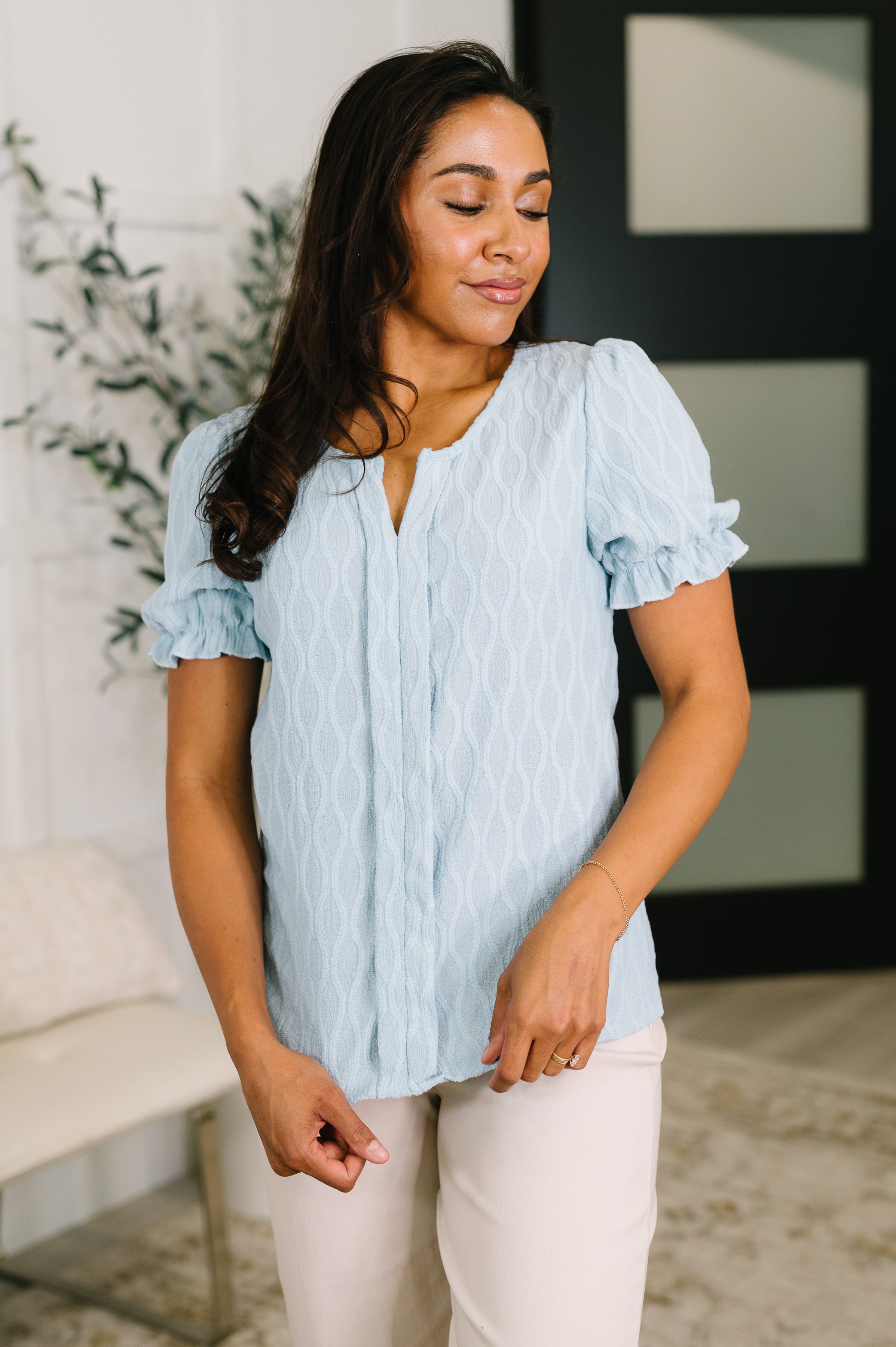 One Eleven North To Call My Own Textured Blouse in Powder Blue Womens