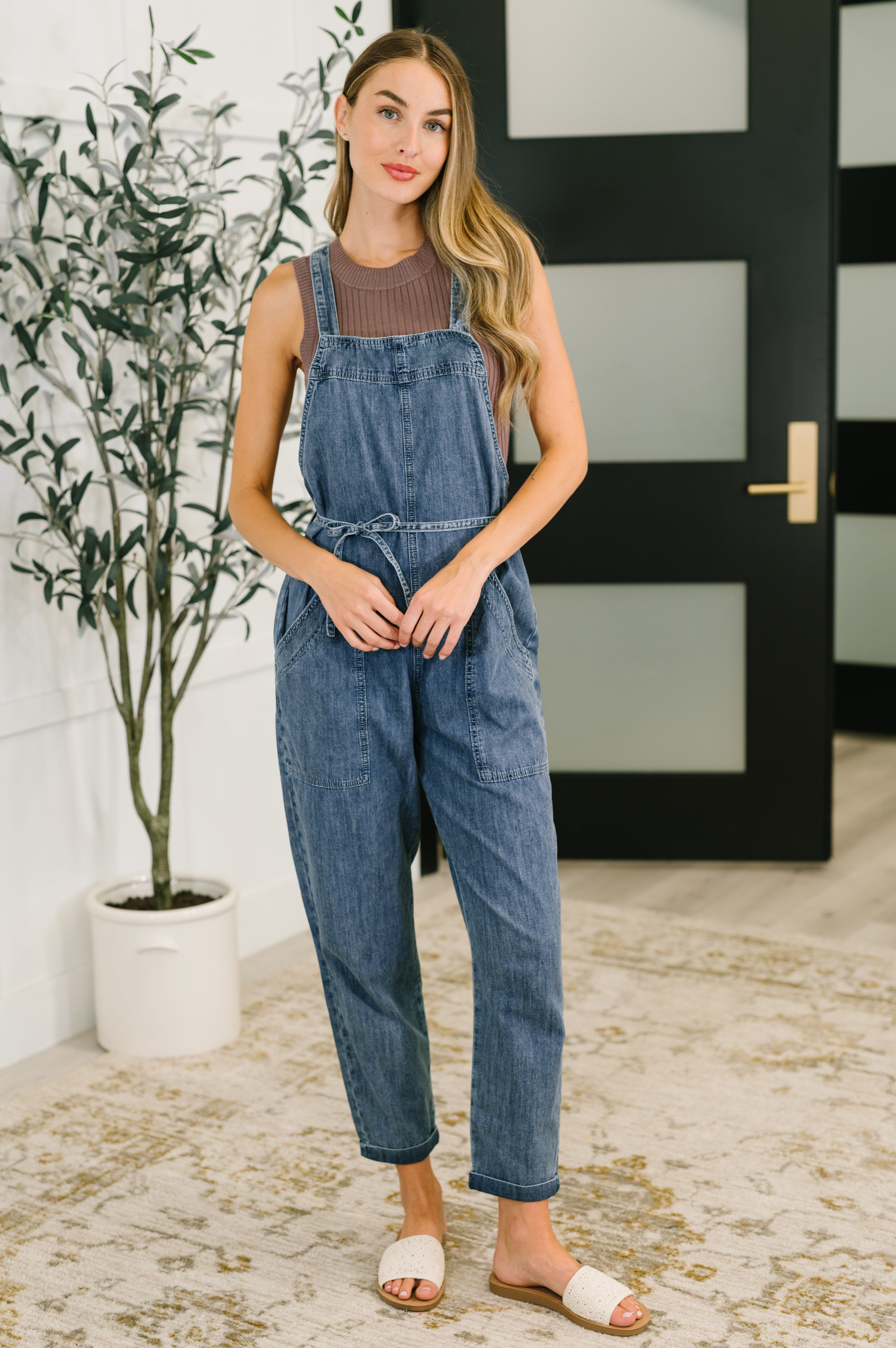 Haptics Too Cute to Compute Waist Tie Overalls in Dark Blue Womens