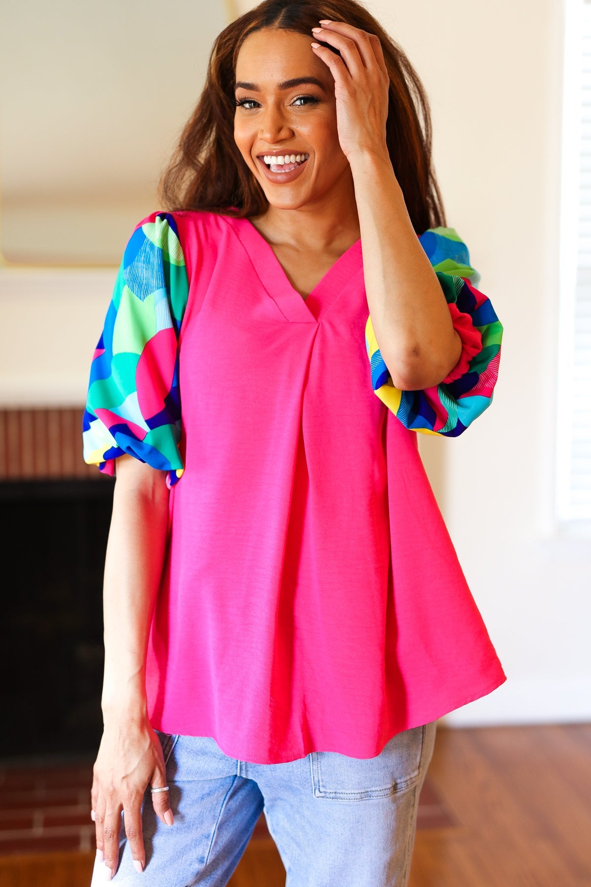 Haptics Tell Your Story Fuchsia Geo Print Puff Sleeve V Neck Top 07-01-25 Summer Sale