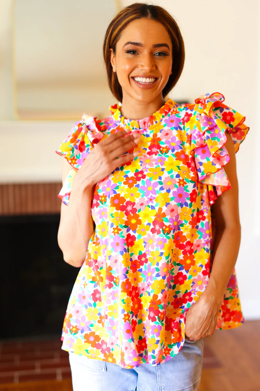 Haptics Flower Power Ivory & Red Floral Mock Neck Flutter Sleeve Top