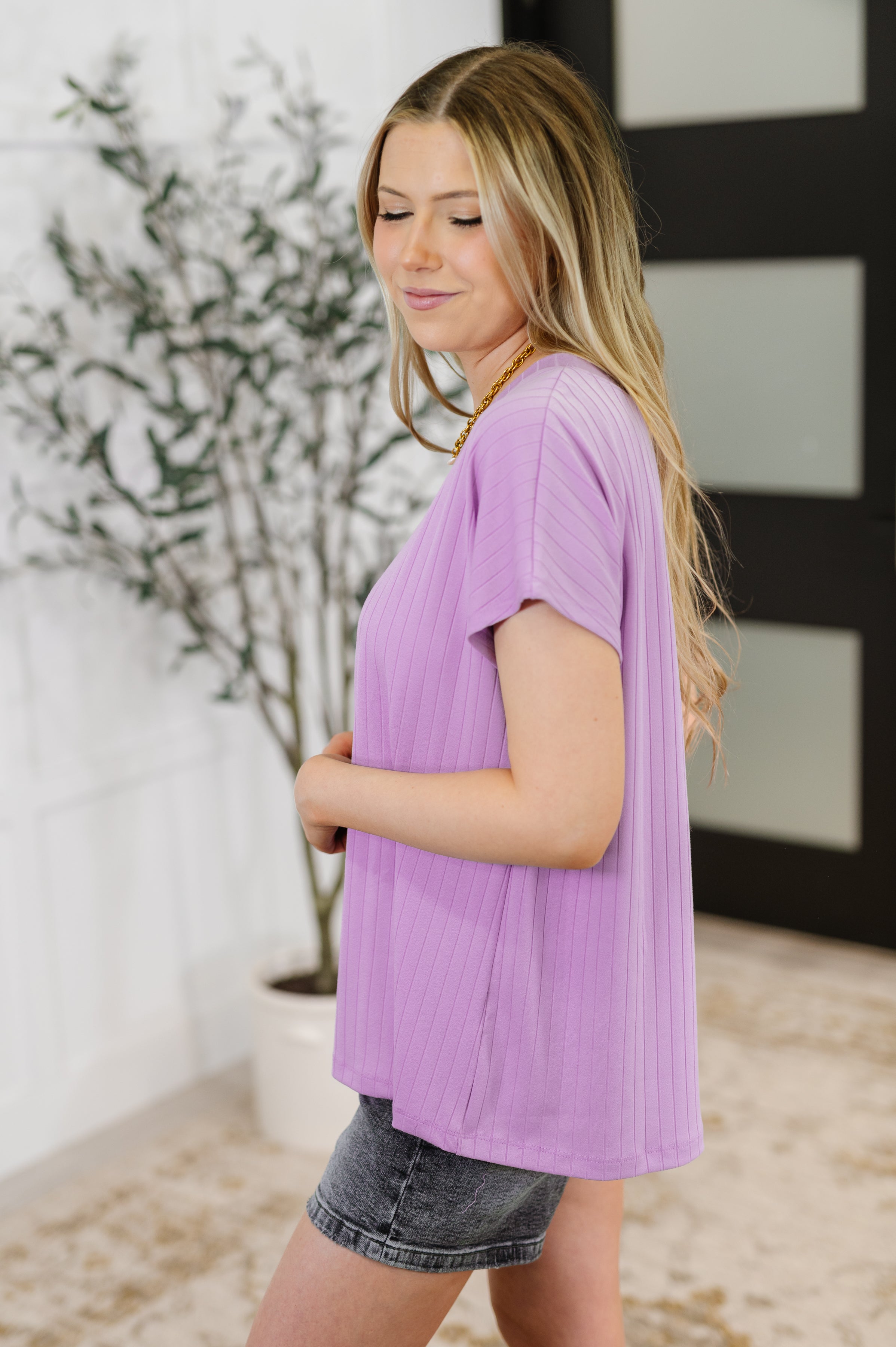 Andree by Unit Top Shelf Basic V-Neck Ribbed Tee in Lavender Womens