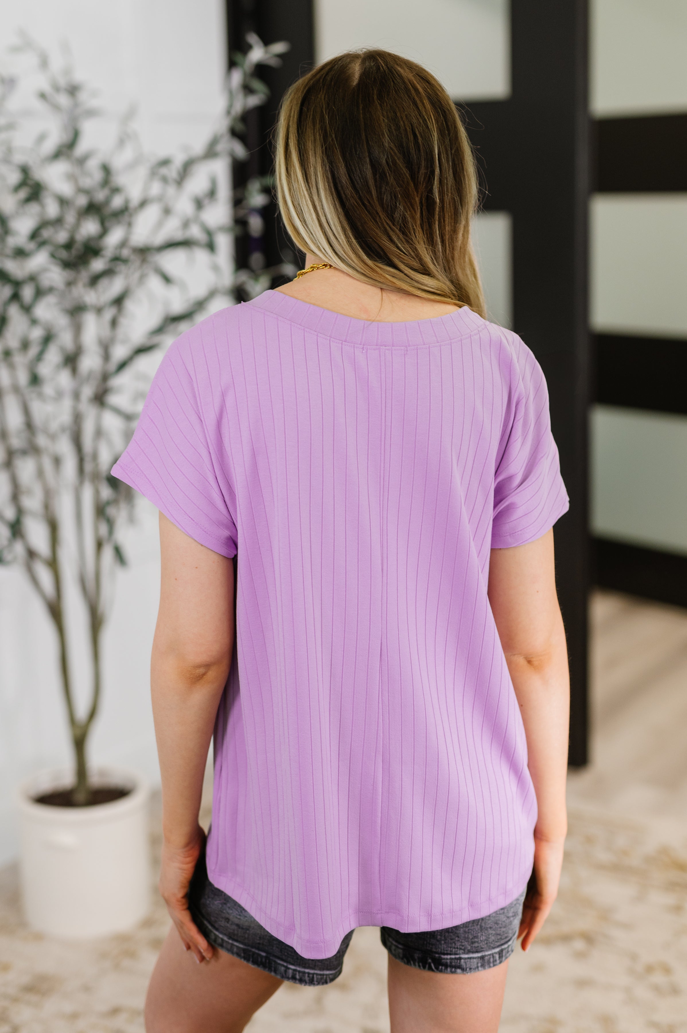 Andree by Unit Top Shelf Basic V-Neck Ribbed Tee in Lavender Womens