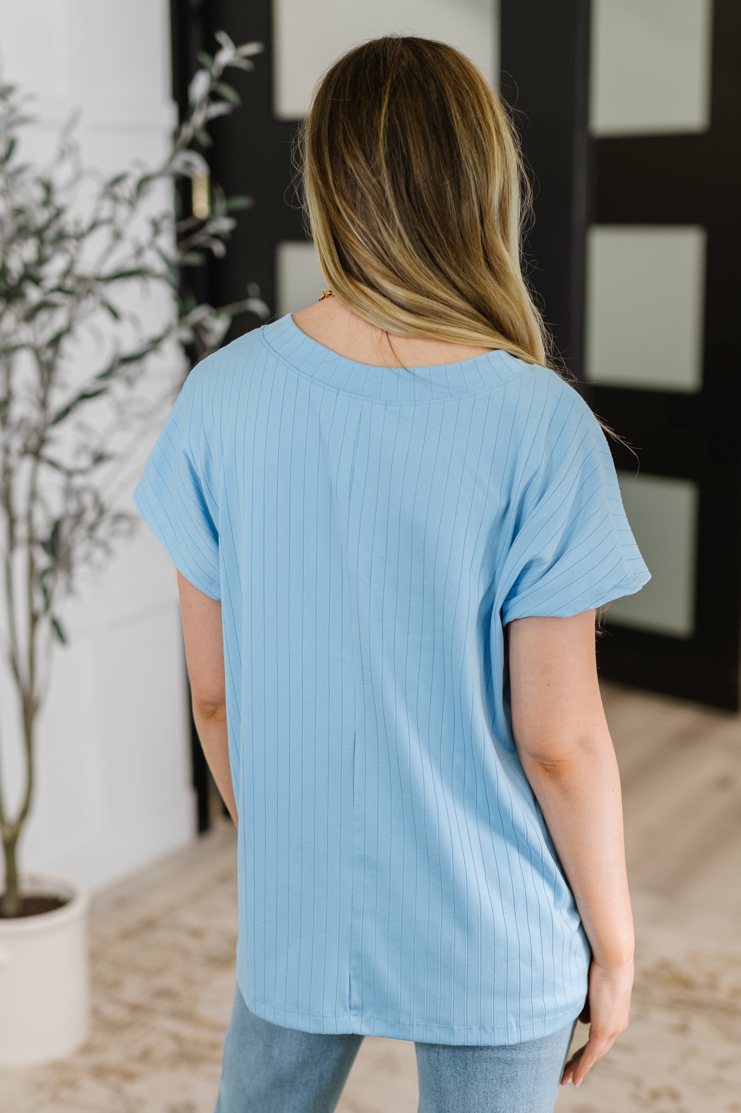 Andree by Unit Top Shelf Basic V-Neck Ribbed Tee in Sky Blue Womens