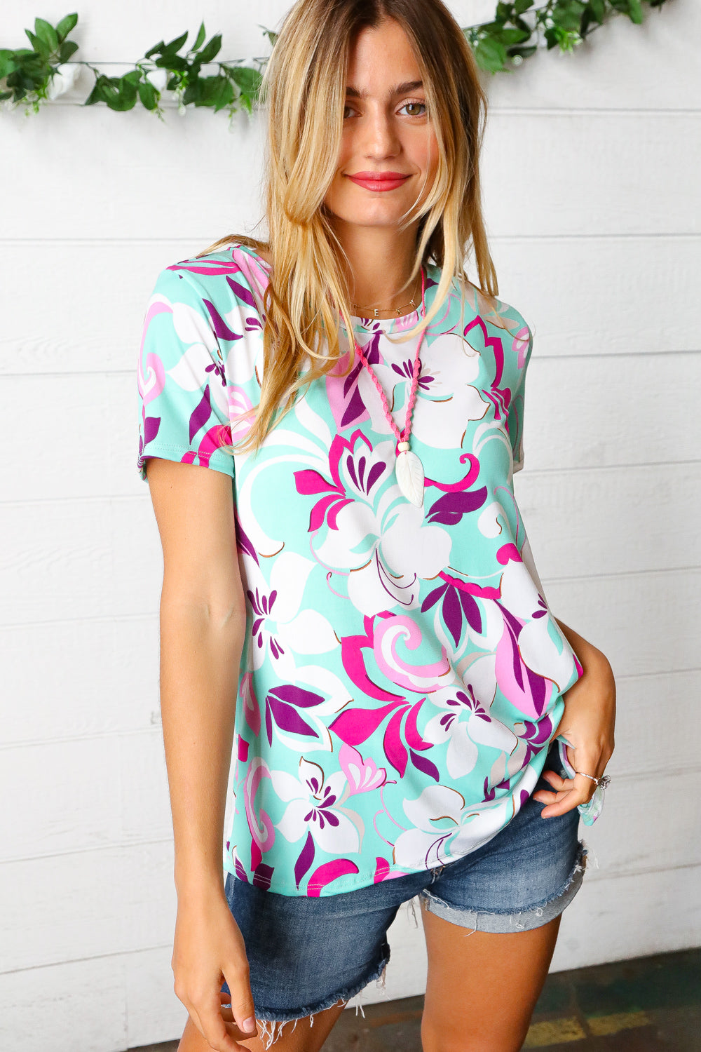 Haptics Turquoise & Purple Flat Floral Print Top