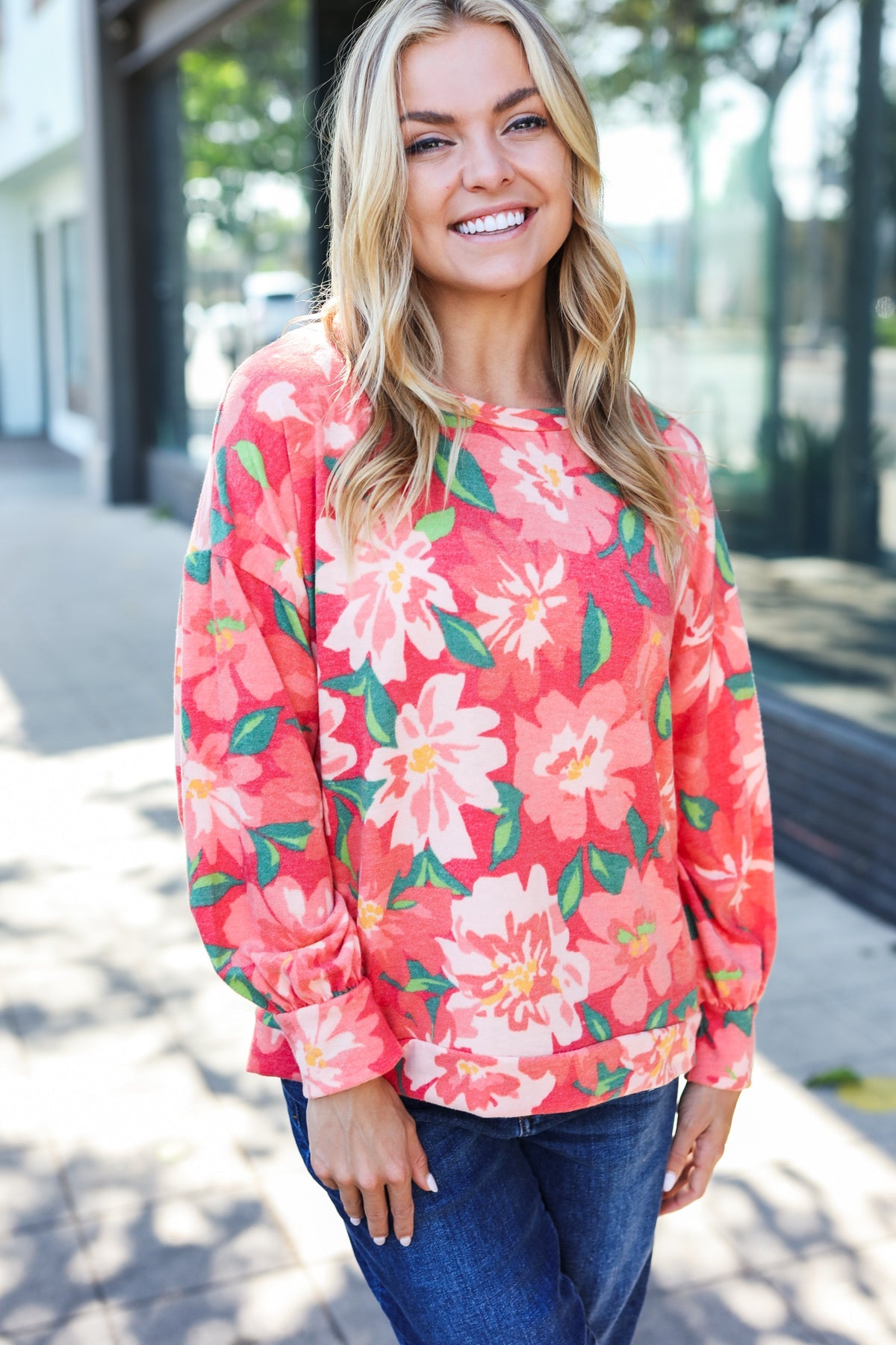 Haptics Feeling Femme Red Floral Brushed Hacci Sweater Top