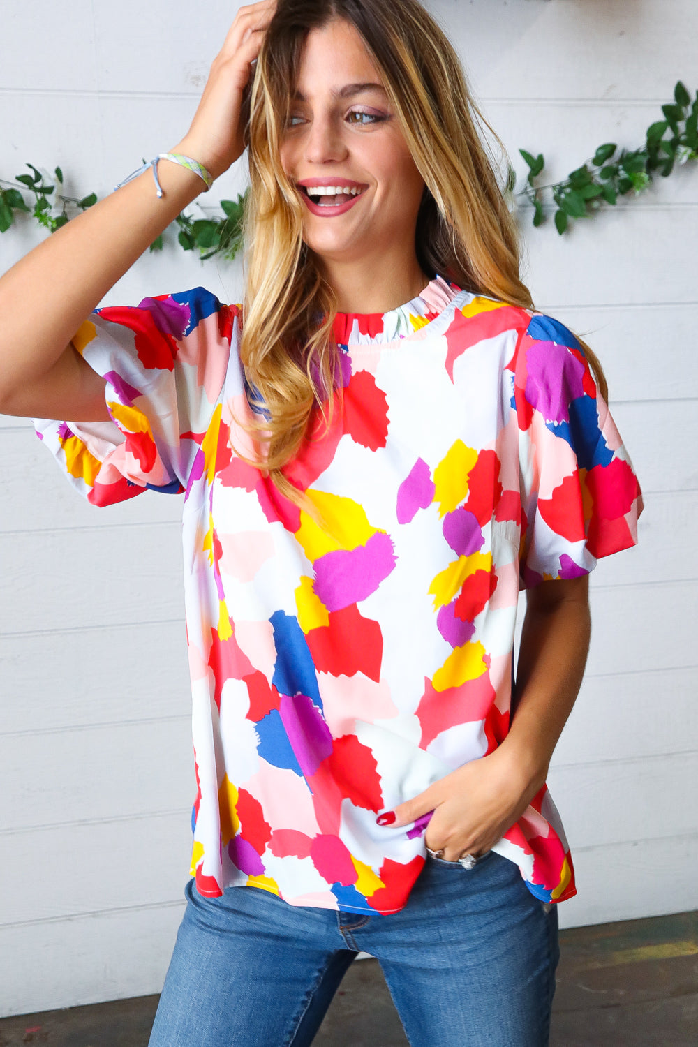 Jodifl Multicolor Print Frilled Mock Neck Puff Sleeve Top Final Sale