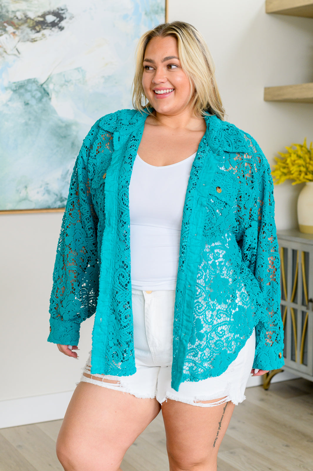 Bibi Teal Topped with Lace Button Down Tops