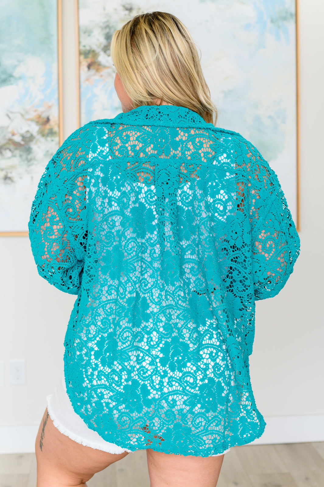 Bibi Teal Topped with Lace Button Down Tops