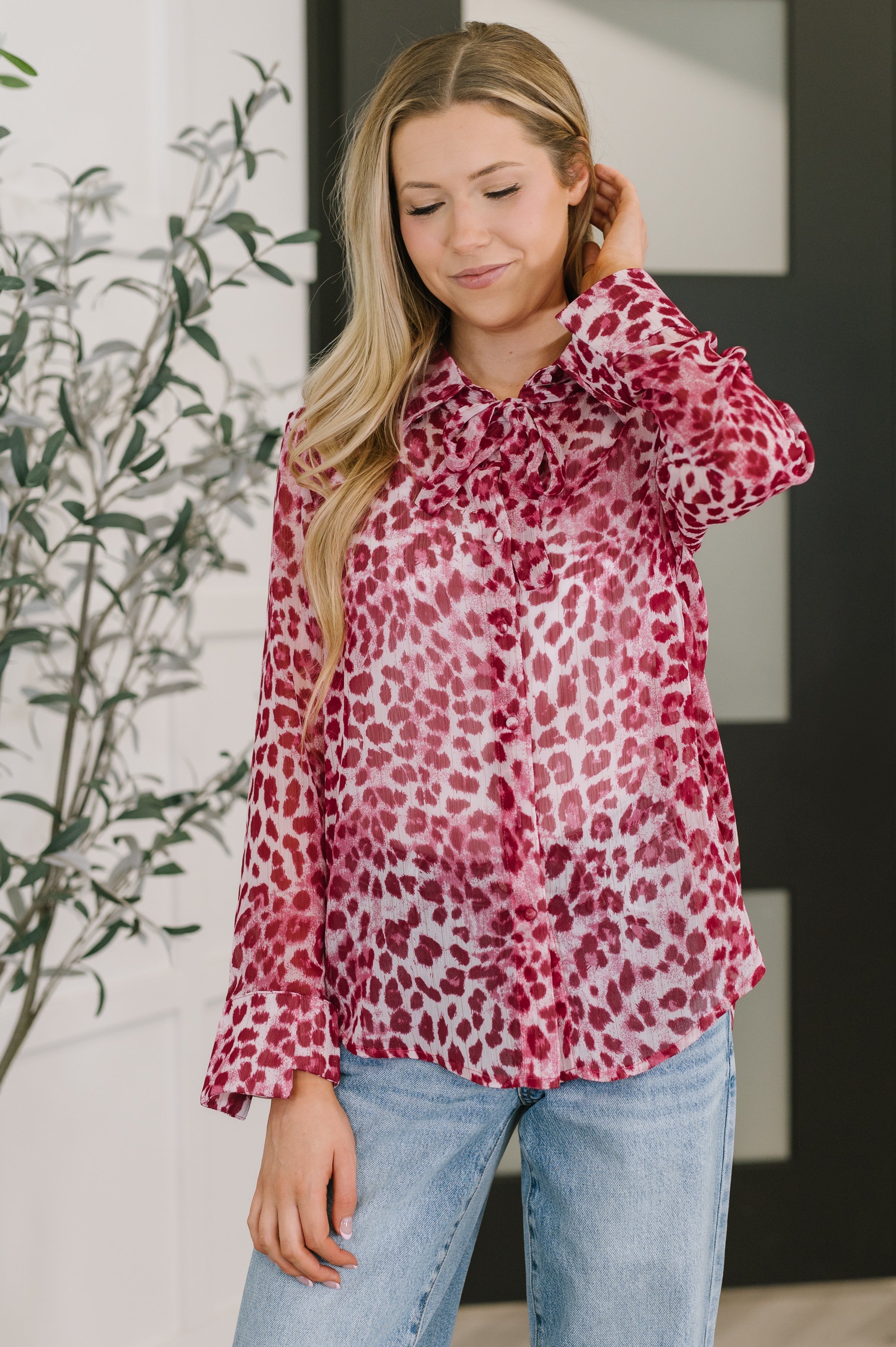 Haptics Totally Not Dramatic Leopard Print Button Down in Hot Pink Womens