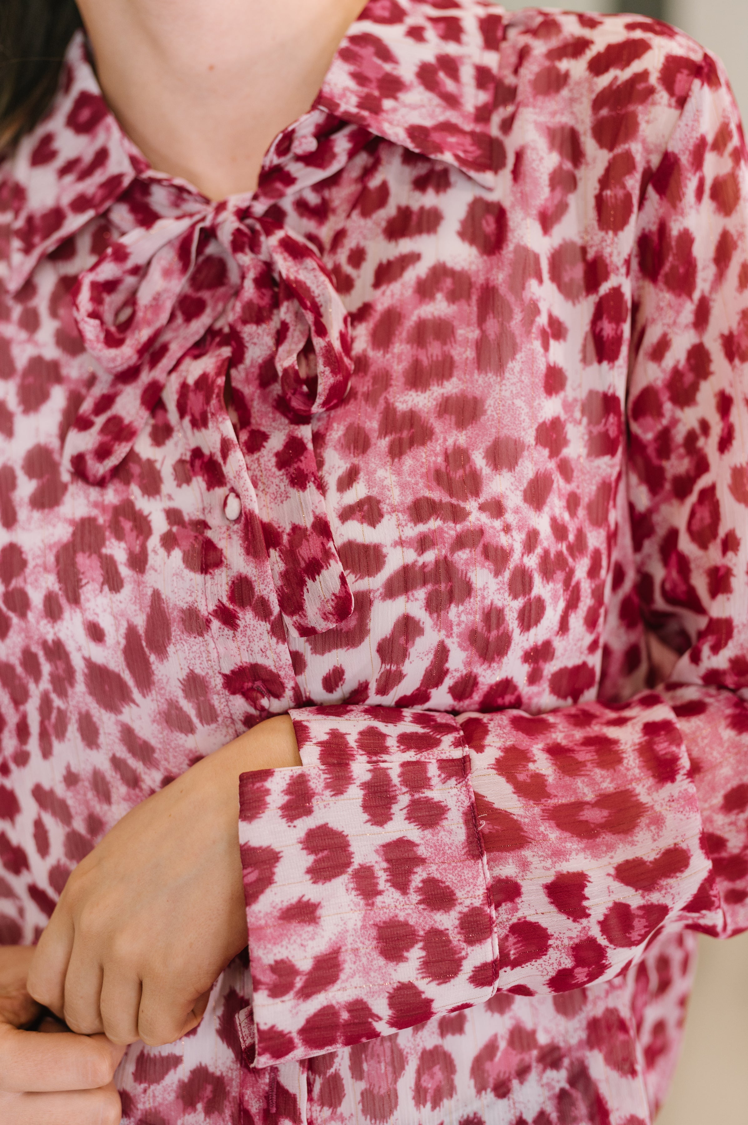 Haptics Totally Not Dramatic Leopard Print Button Down in Hot Pink Large Womens
