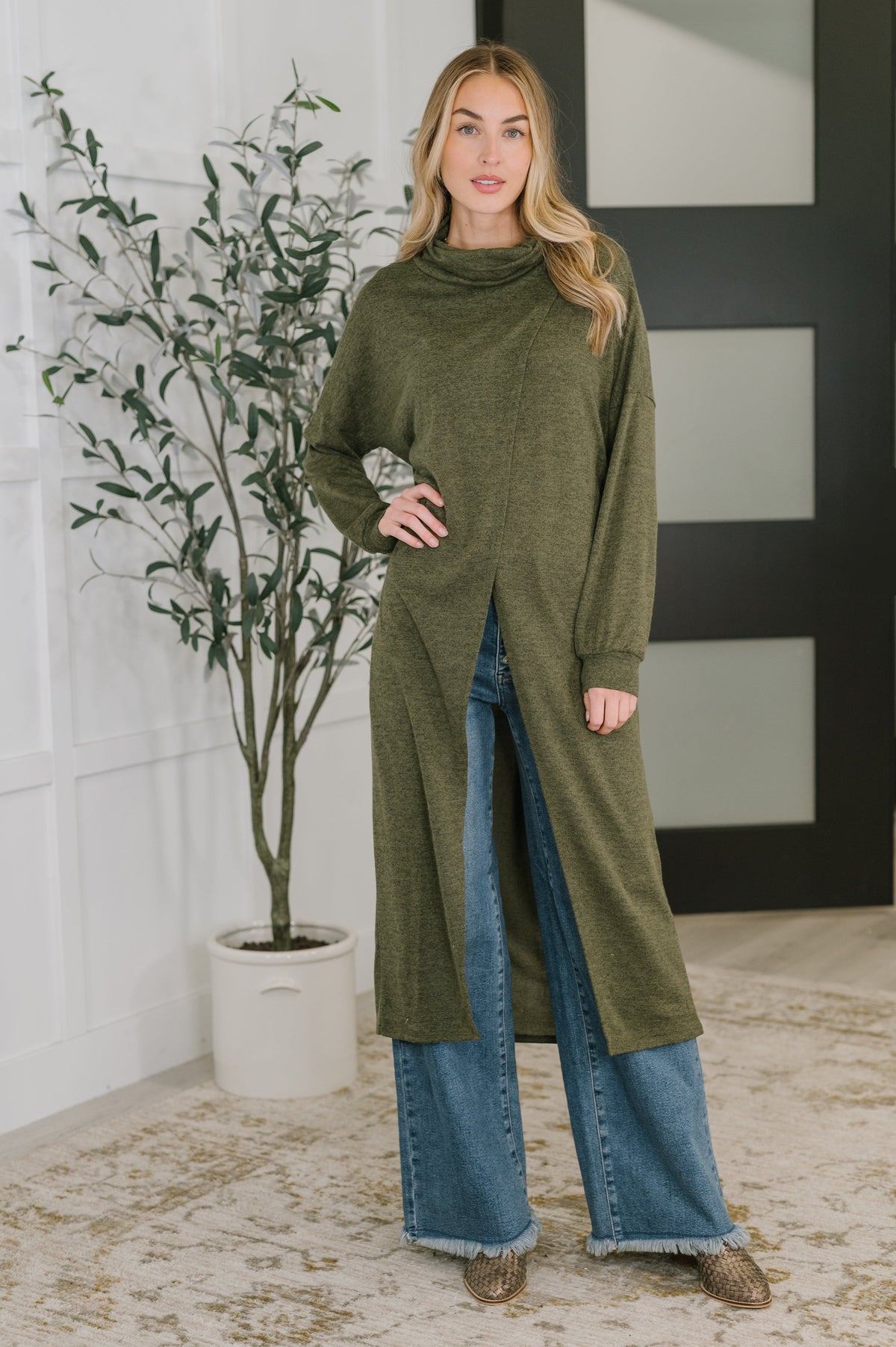 Dear Scarlett Travel City Scape Turtle Neck Tunic in Olive Tops