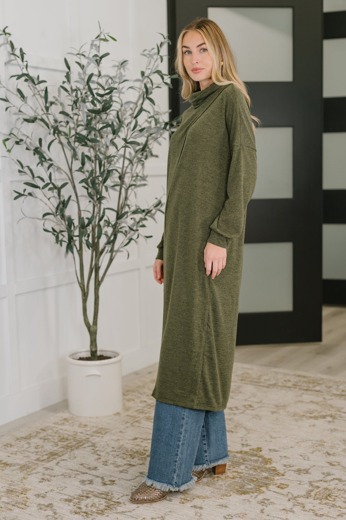 Dear Scarlett Travel City Scape Turtle Neck Tunic in Olive Tops