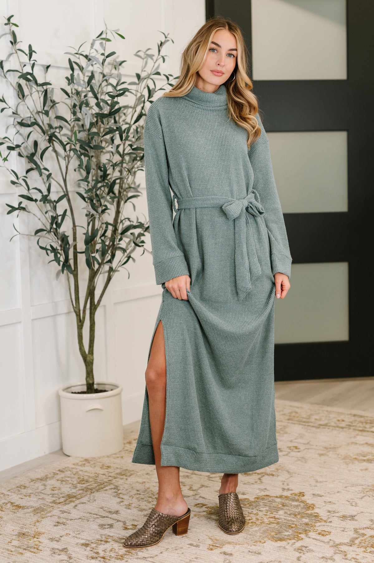 Dear Scarlett Travel Plush Knit Dress in Soft Teal Dresses
