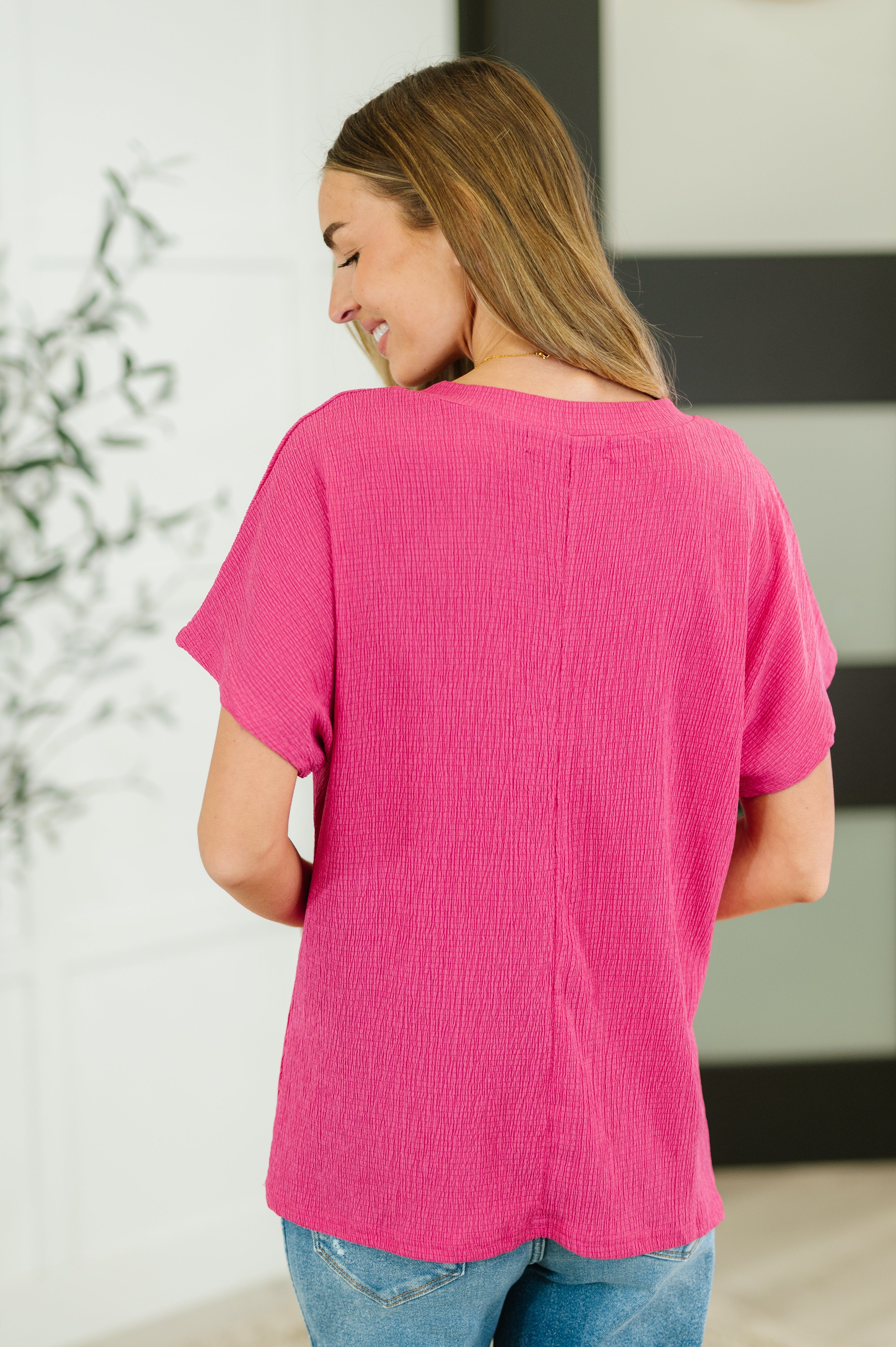 One Eleven North Trial and Error Textured V-Neck Blouse in Magenta Tops