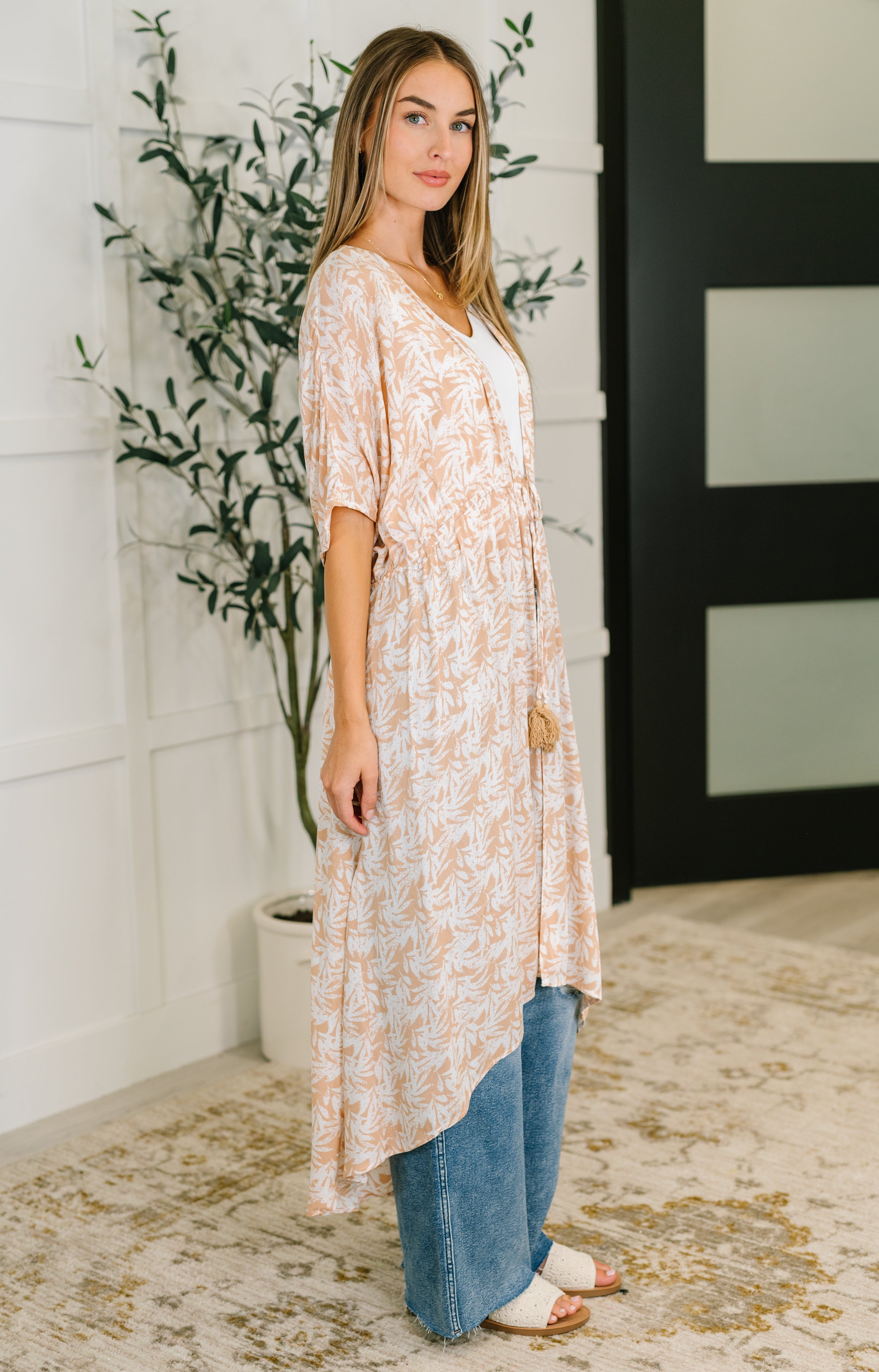HEYSON Tropical Print Gauze Kimono with Elastic Waist Tie in Milk Tea Womens