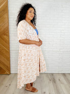 HEYSON Tropical Print Gauze Kimono with Elastic Waist Tie in Milk Tea Womens
