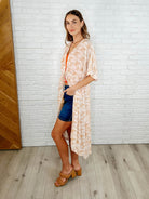 HEYSON Tropical Print Gauze Kimono with Elastic Waist Tie in Milk Tea Womens
