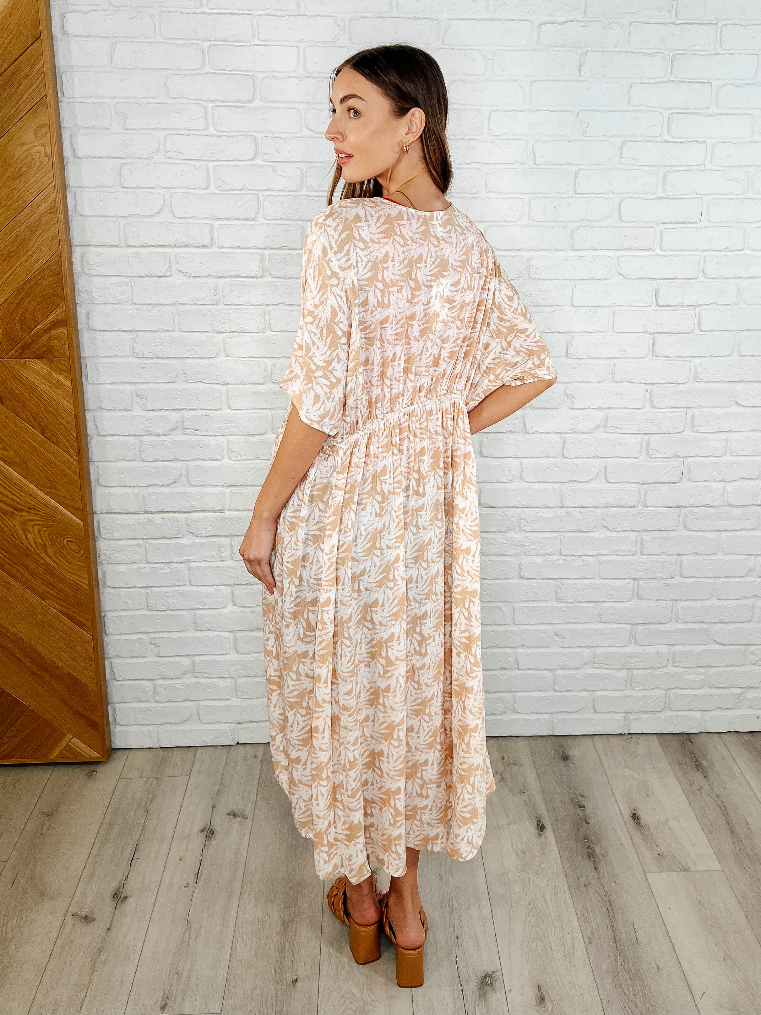 HEYSON Tropical Print Gauze Kimono with Elastic Waist Tie in Milk Tea Womens