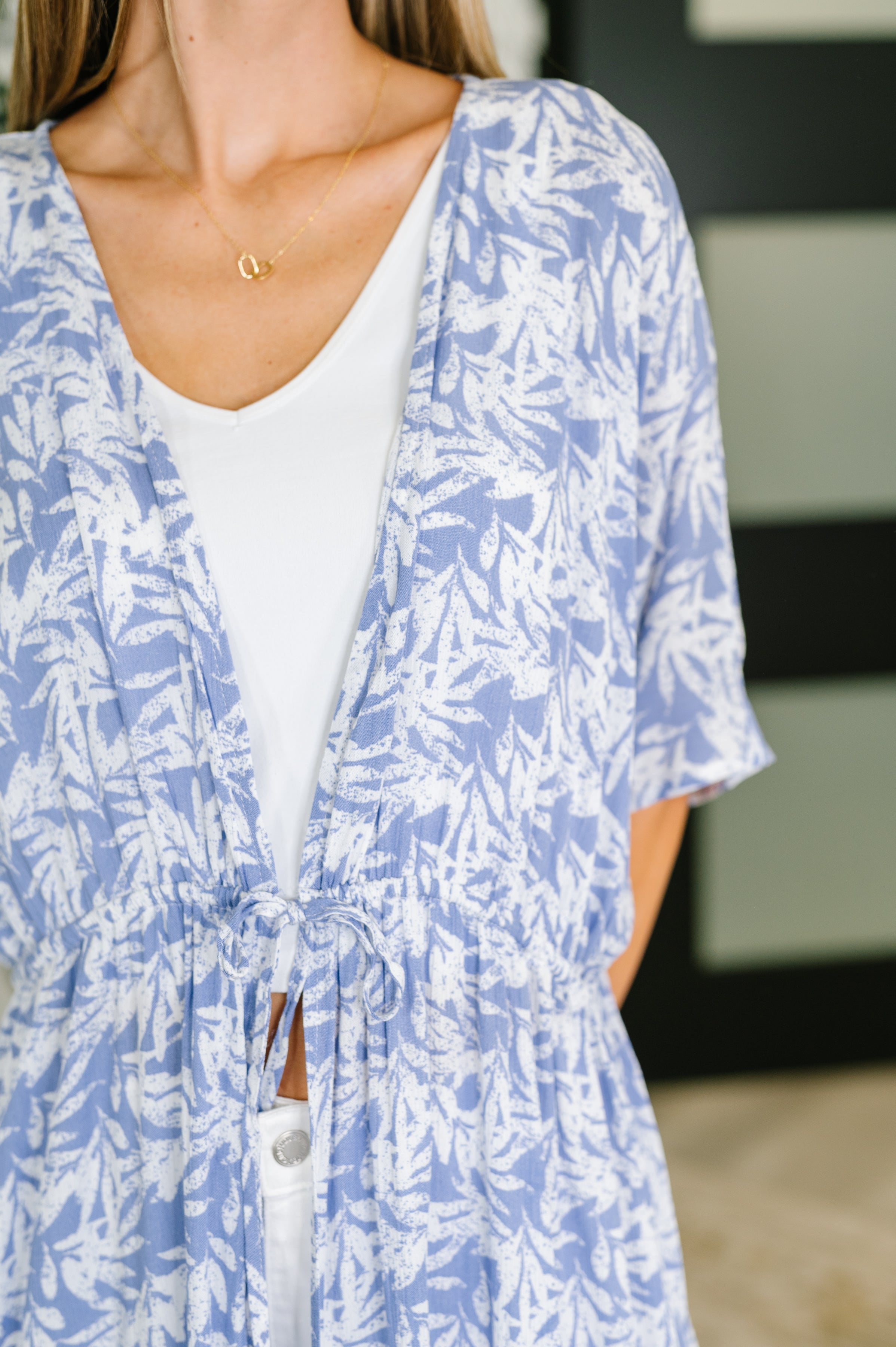 HEYSON Tropical Print Gauze Kimono with Elastic Waist Tie in Periwinkle Womens