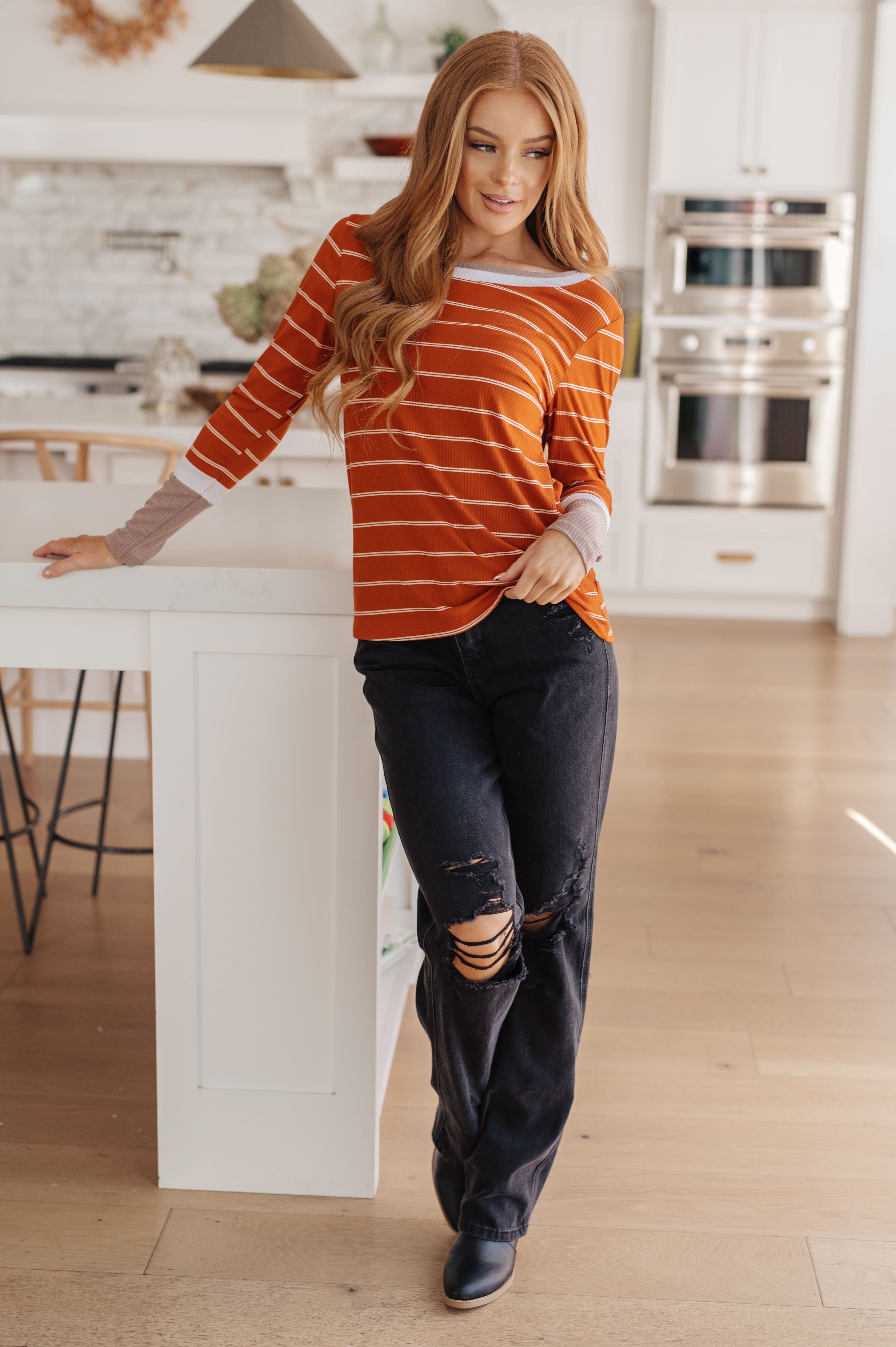 One Eleven North Orange Stripe Long Sleeve Tee Tops