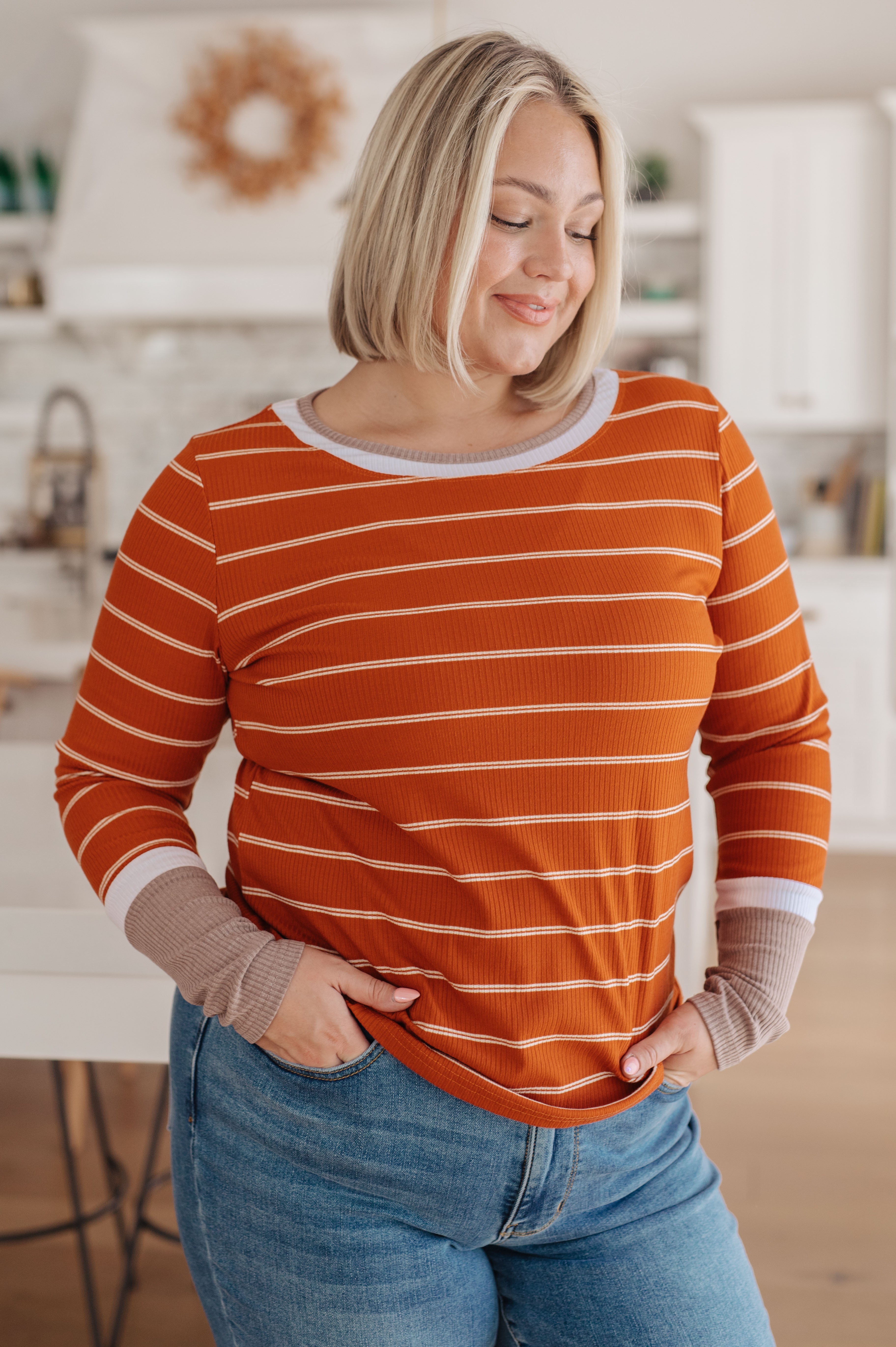One Eleven North Orange Stripe Long Sleeve Tee Tops