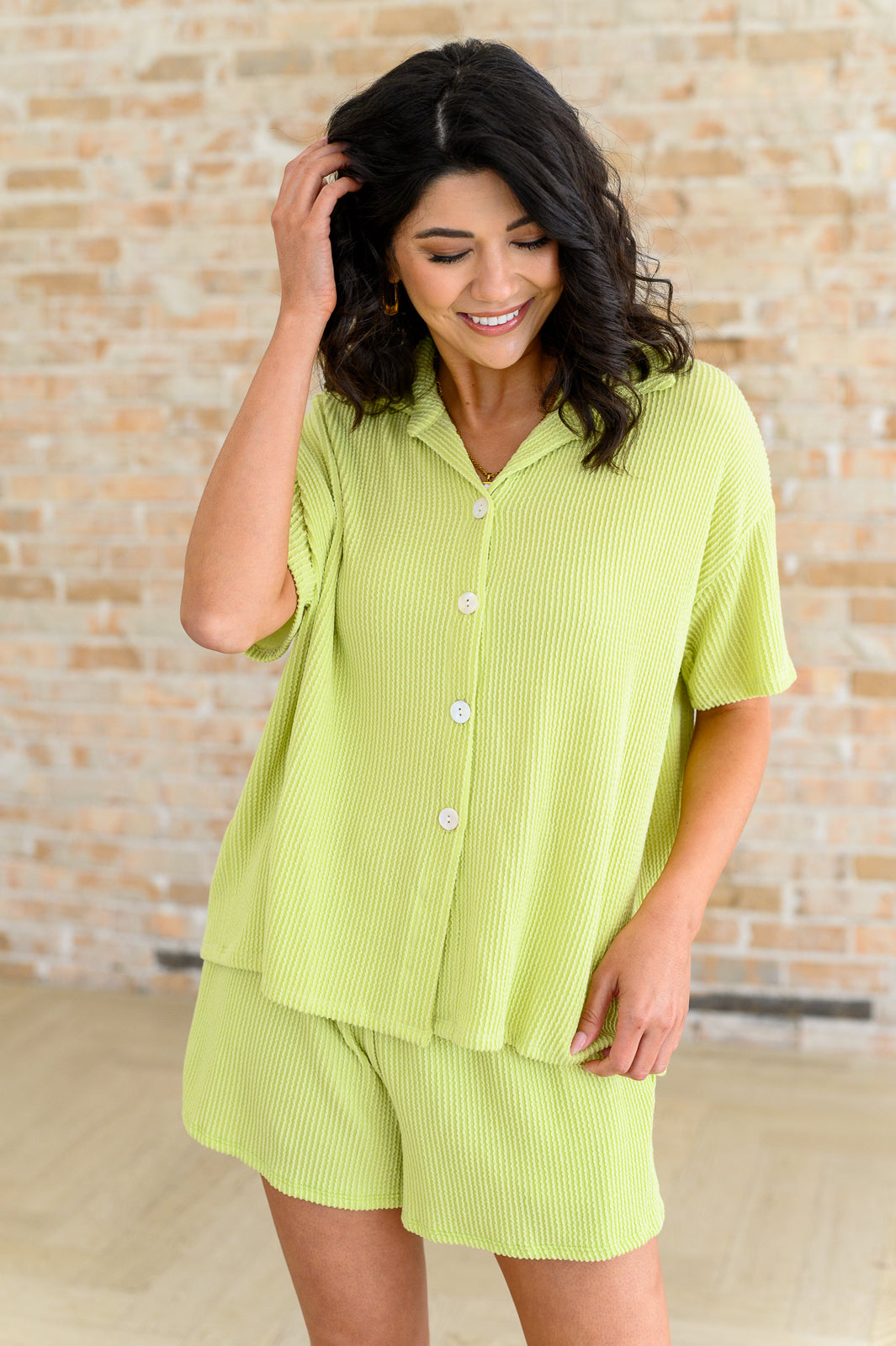 Lovely Melody Lime Two's Company Ribbed Button Down Sets