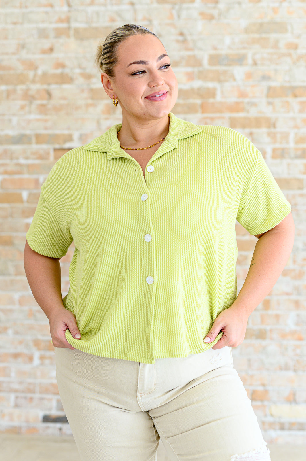Lovely Melody Lime Two's Company Ribbed Button Down Sets