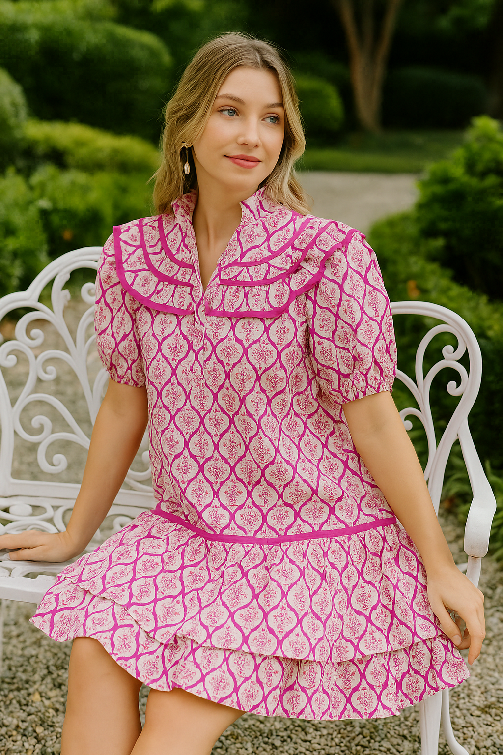 Umgee Hot Pink Abstract Printed Ruffle Trim Puff Sleeve Mini Dress