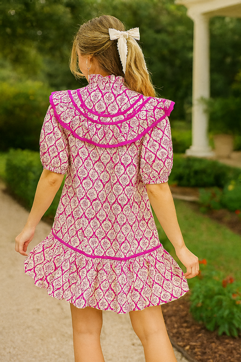 Umgee Hot Pink Abstract Printed Ruffle Trim Puff Sleeve Mini Dress