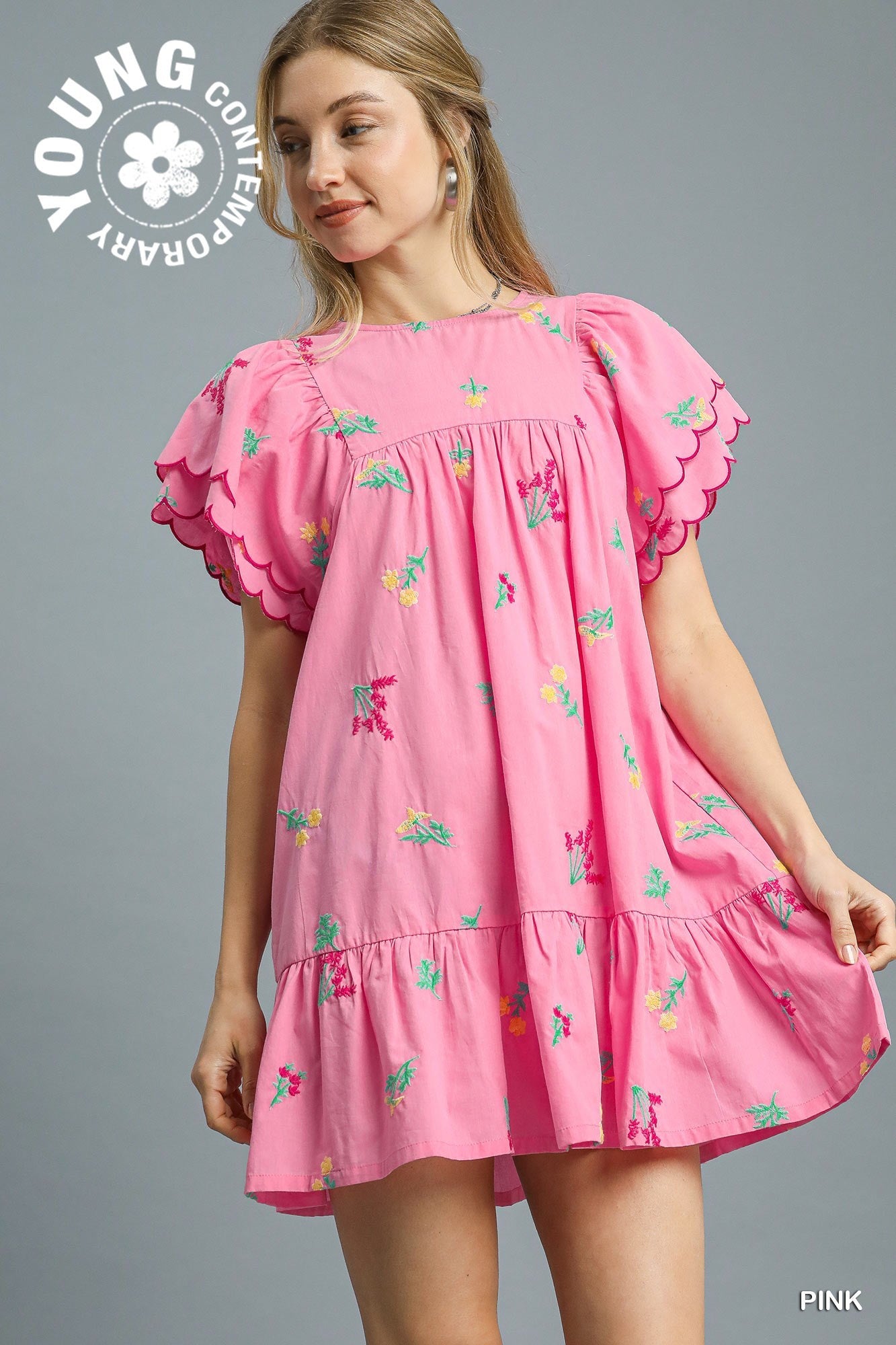 Umgee Pink Floral Embroidered Short Sleeve Babydoll Mini Dress Dresses