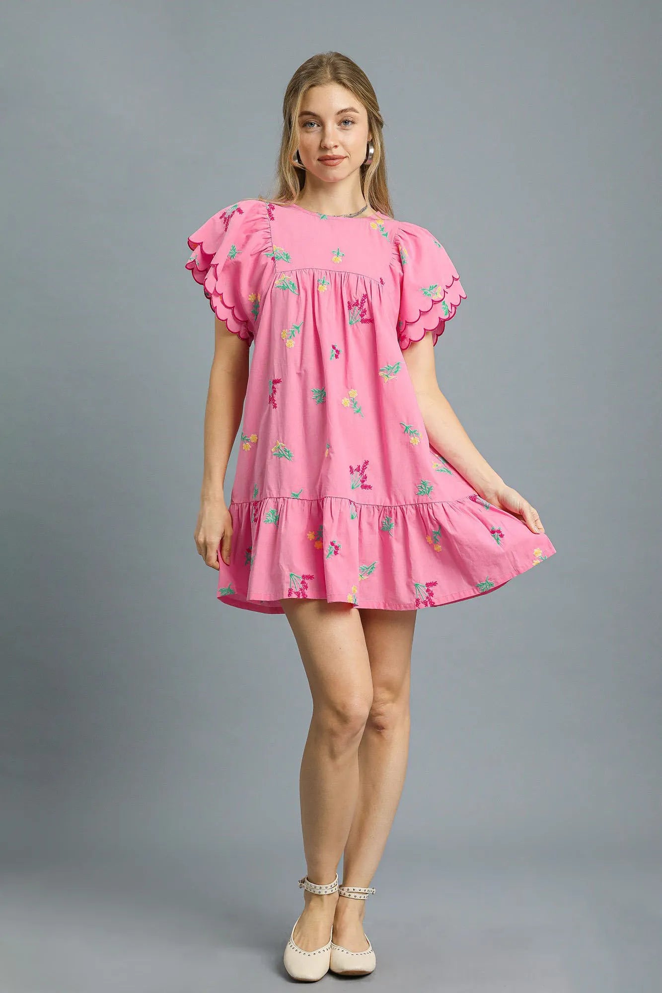 Umgee Pink Floral Embroidered Short Sleeve Babydoll Mini Dress Pink Dresses