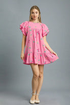 Umgee Pink Floral Embroidered Short Sleeve Babydoll Mini Dress Pink Dresses