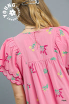 Umgee Pink Floral Embroidered Short Sleeve Babydoll Mini Dress Dresses
