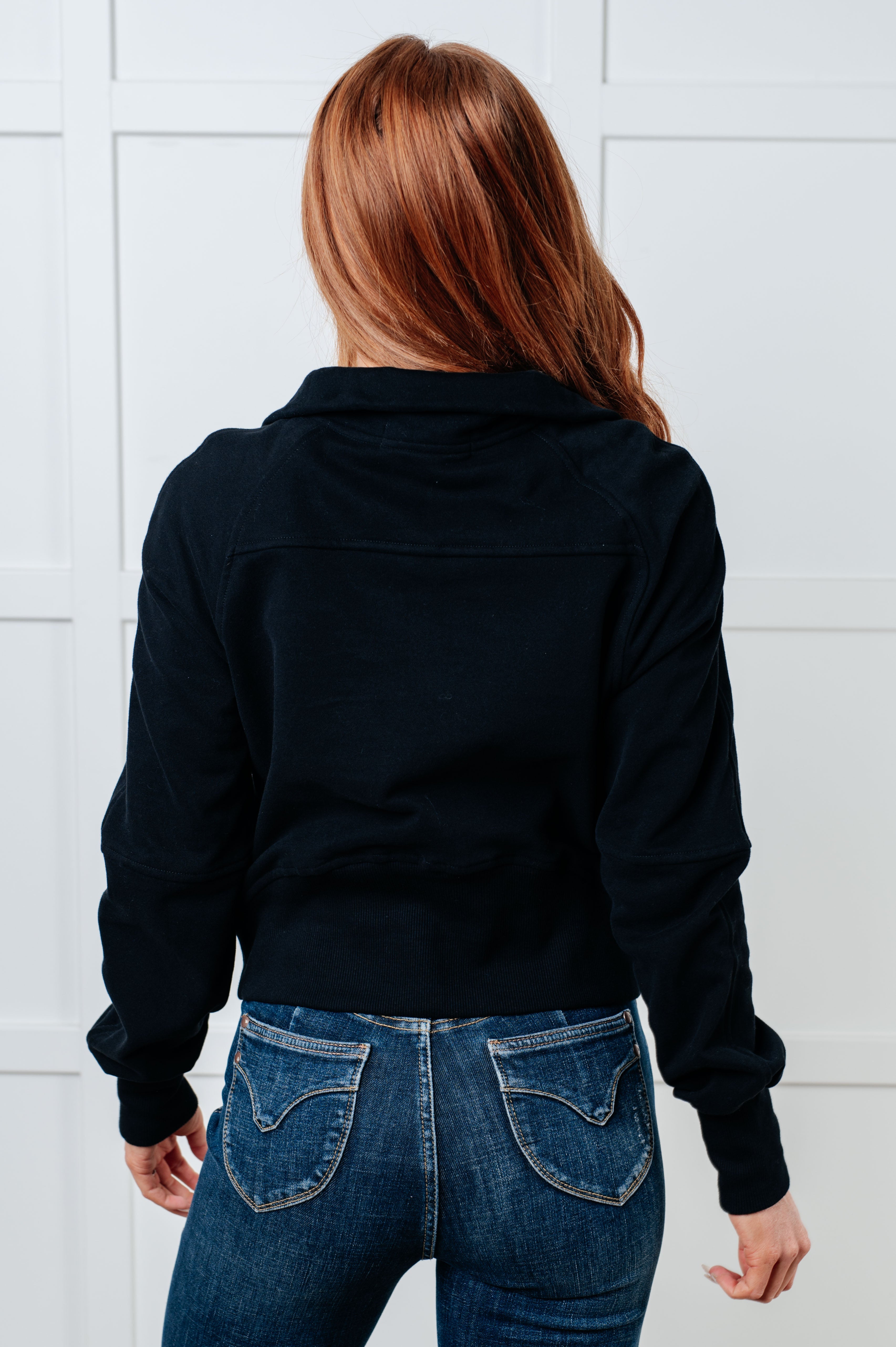 One Eleven North Under Her Spell Half Zip Terry Pullover in Black Tops