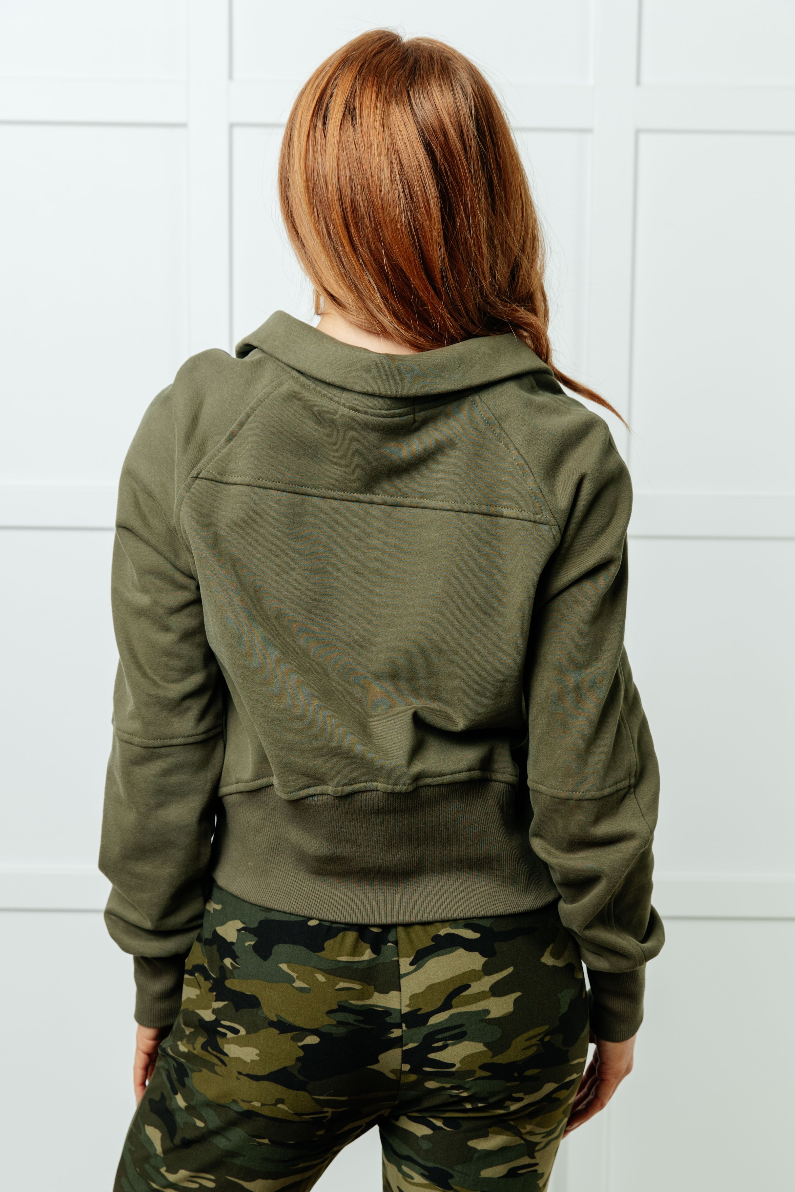 One Eleven North Under Her Spell Half Zip Terry Pullover in Green Tops