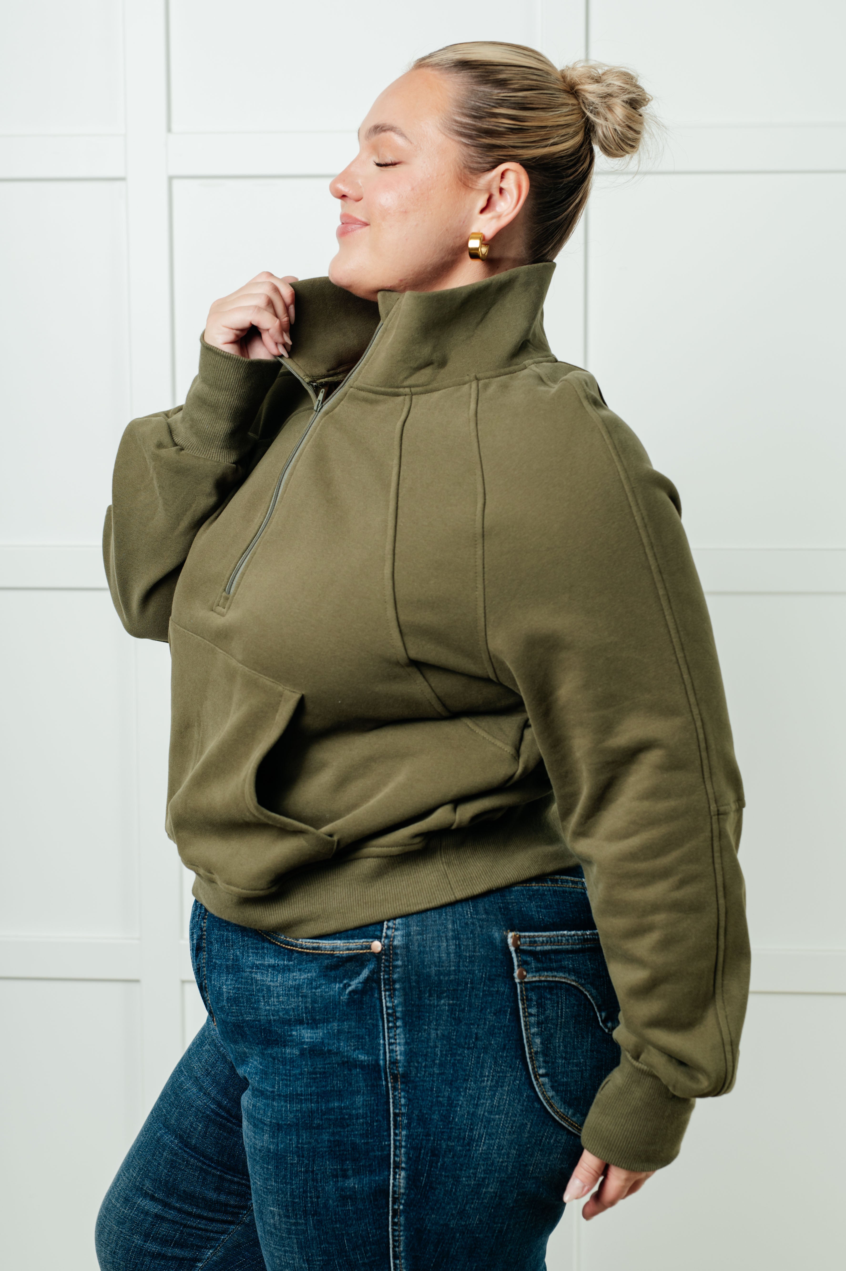 One Eleven North Under Her Spell Half Zip Terry Pullover in Green Tops