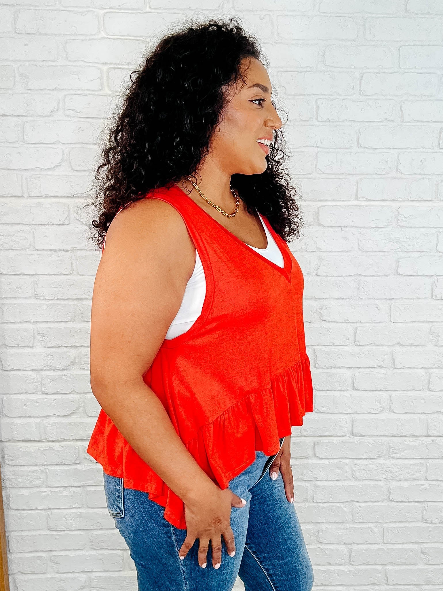Rae Mode V-Neck Ruffled Peplum in Spicy Orange Womens