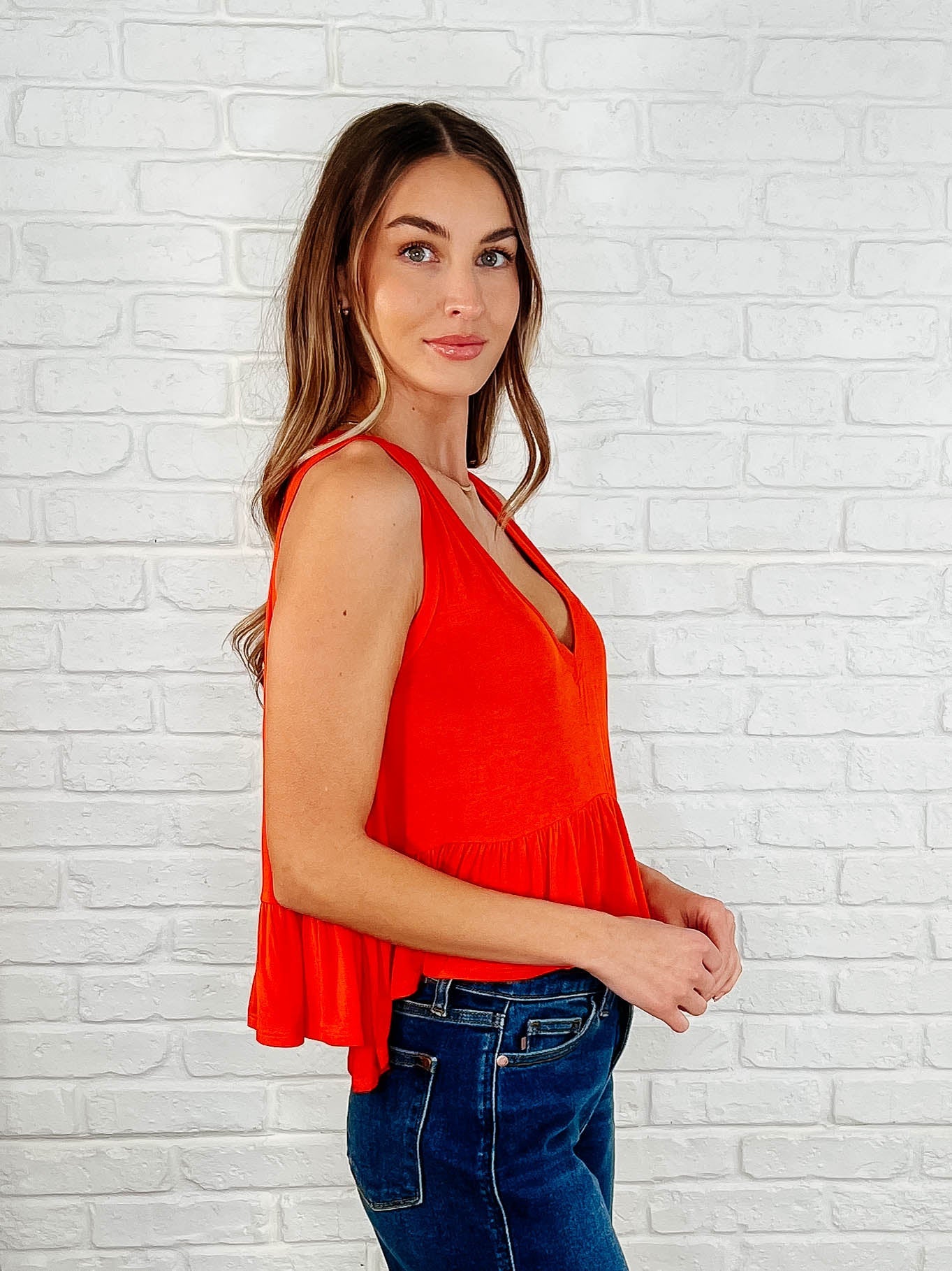 Rae Mode V-Neck Ruffled Peplum in Spicy Orange Womens