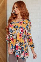Dear Scarlett V-Neck Scoop Hem Top in Marigold Floral Shirts & Tops