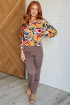 Dear Scarlett V-Neck Scoop Hem Top in Marigold Floral Shirts & Tops