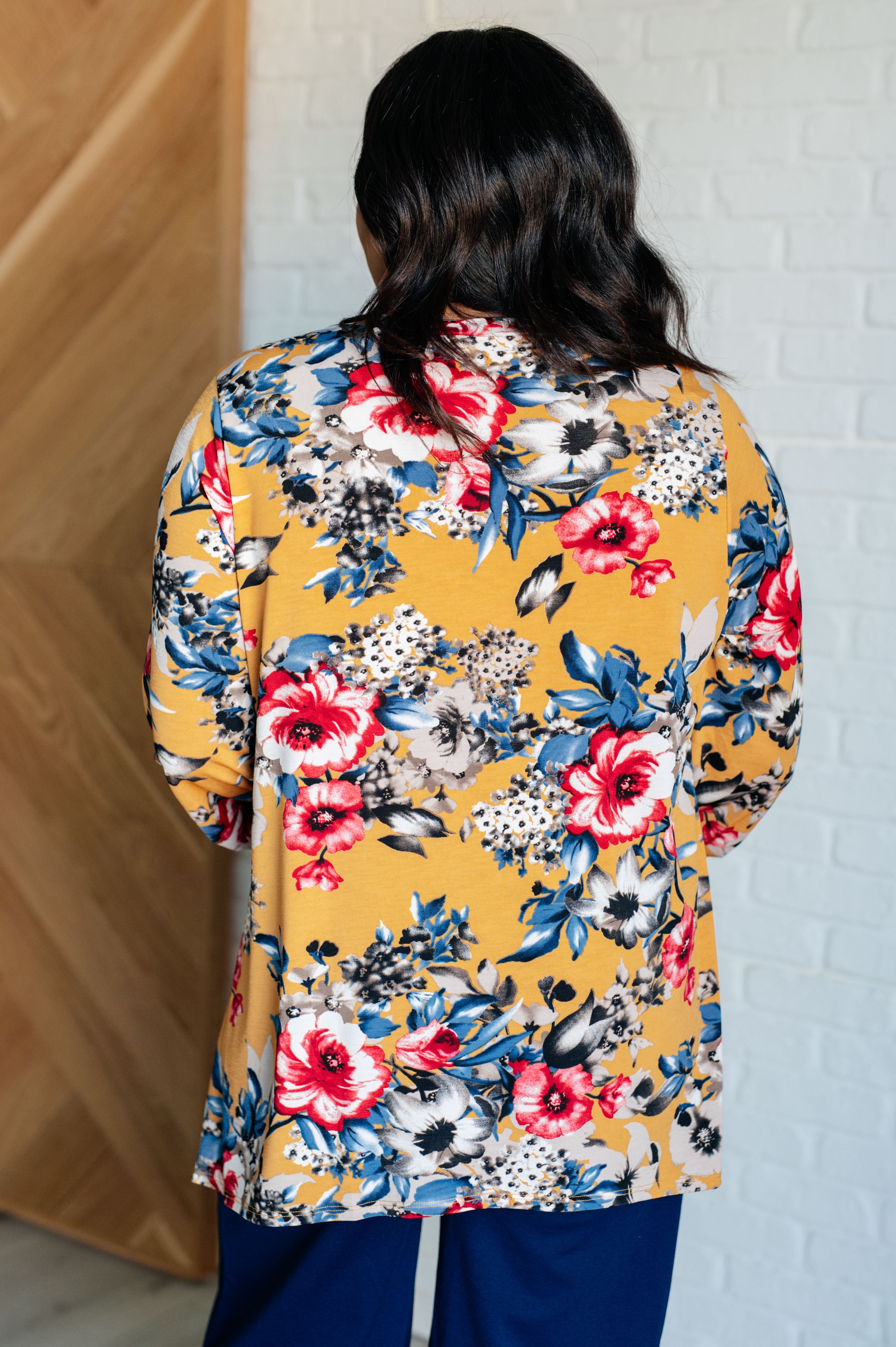 Dear Scarlett V-Neck Scoop Hem Top in Marigold Floral Shirts & Tops