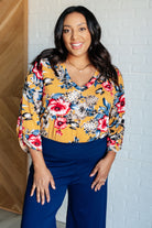 Dear Scarlett V-Neck Scoop Hem Top in Marigold Floral Shirts & Tops