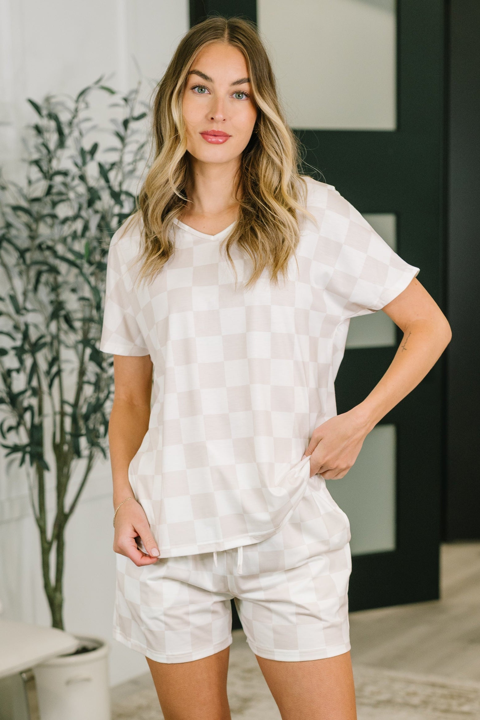 One Eleven North Waiting There for You Checkered Top and Bottom Set Womens