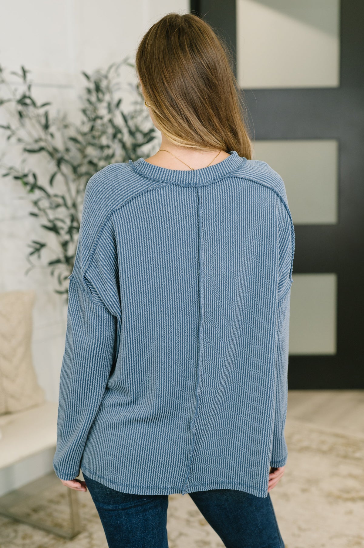 Zenana Wander & Rest Cable Ribbed Knit Drop Shoulder Top in Dusty Blue Womens