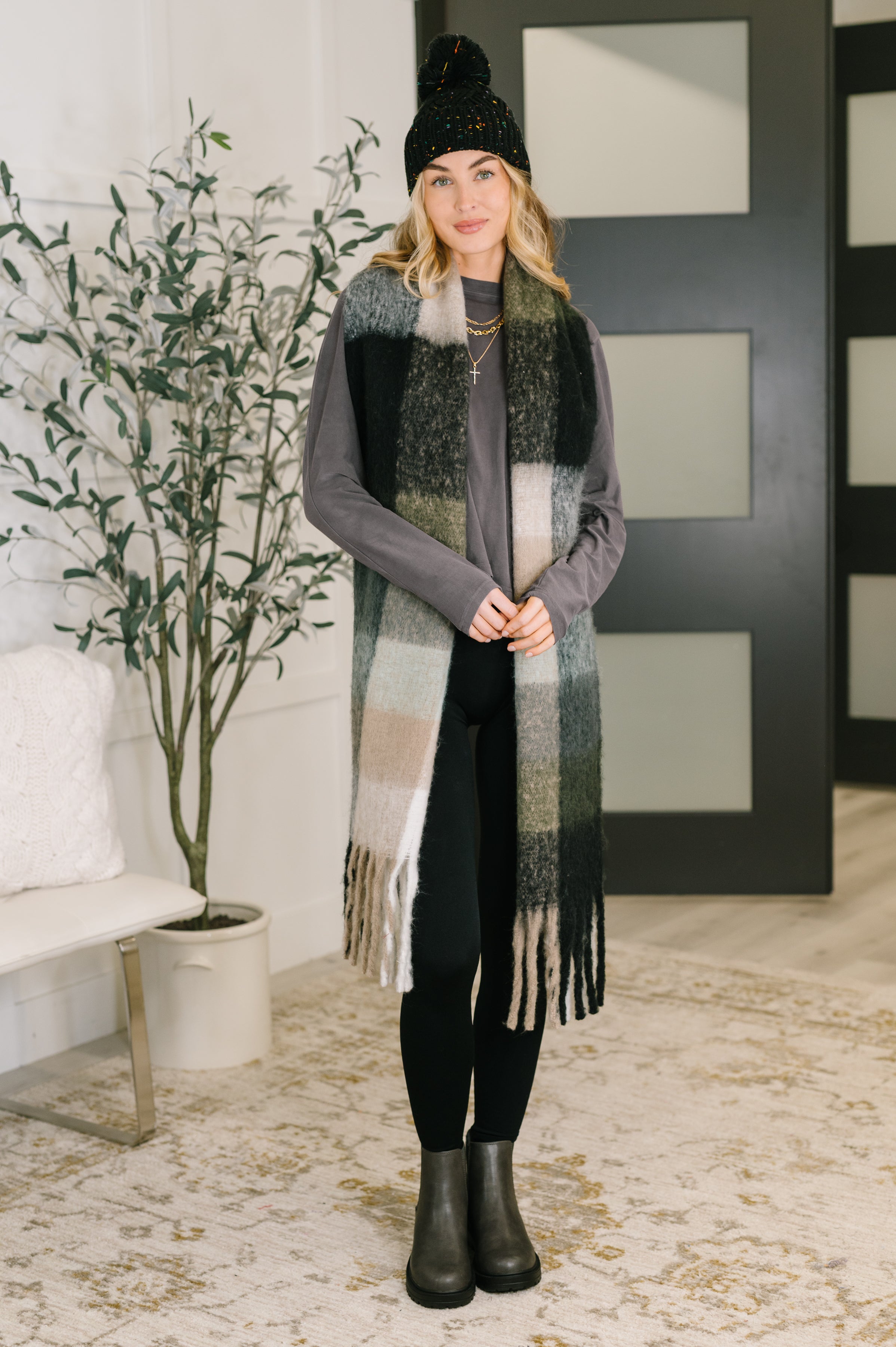 Wanderlust Wrap Oversized Plaid Fringe Scarf in Grey and Jade Accessories