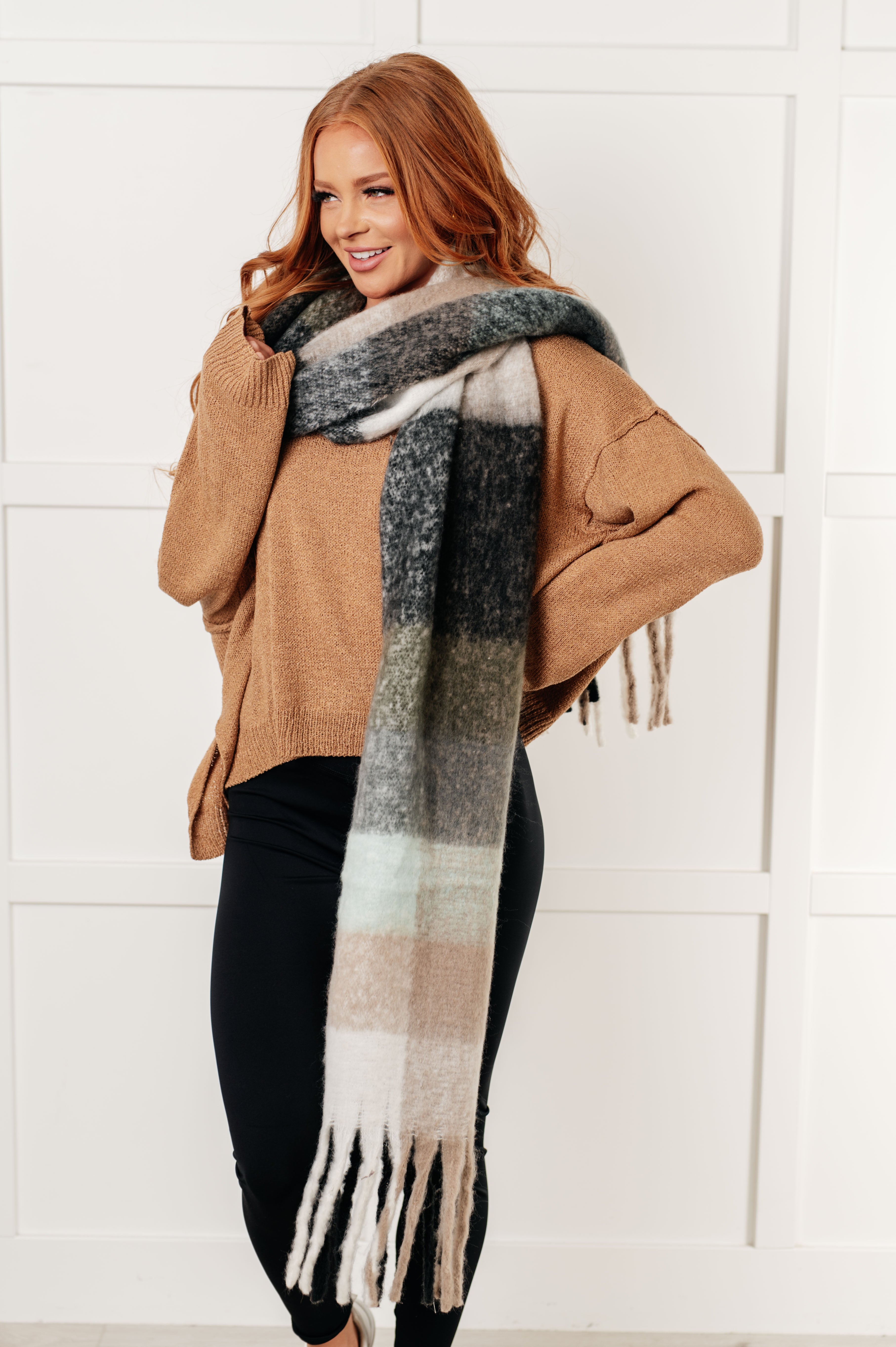 Wanderlust Wrap Oversized Plaid Fringe Scarf in Grey and Jade OS Accessories