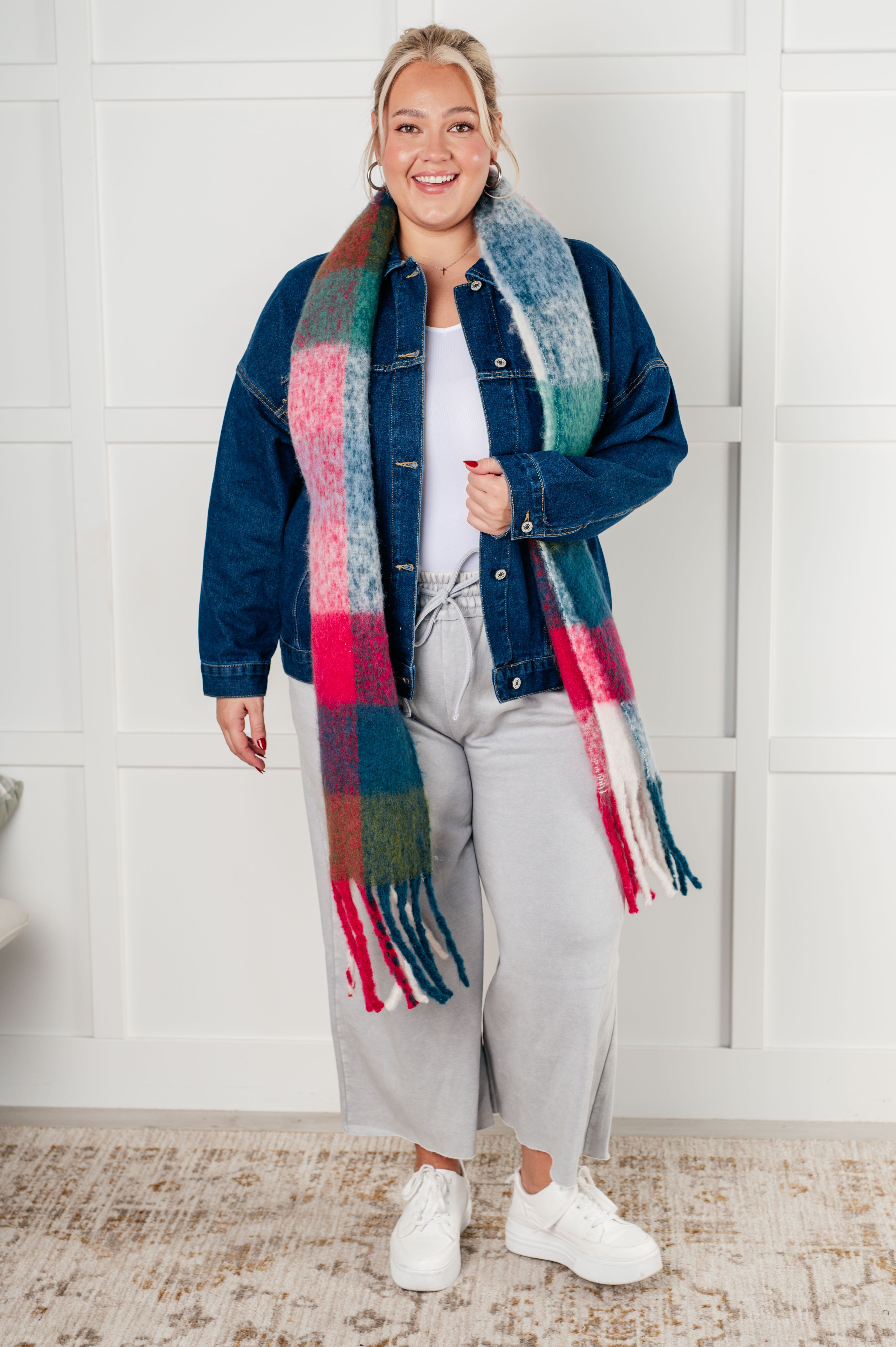 Wanderlust Wrap Oversized Plaid Fringe Scarf in Magenta and Teal Accessories