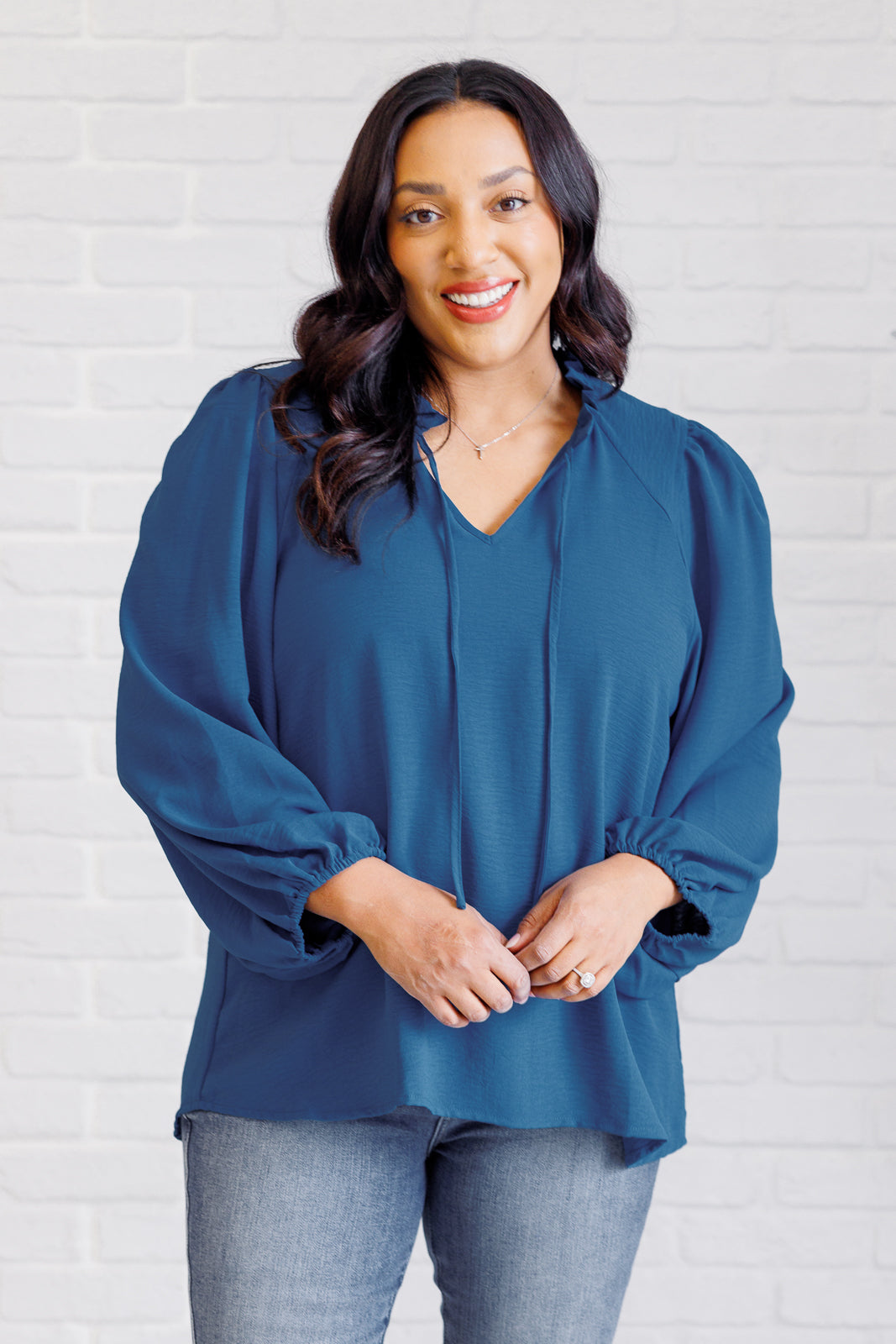 Jodifl We Believe Keyhole Tie Detail Blouse in Teal Blouses