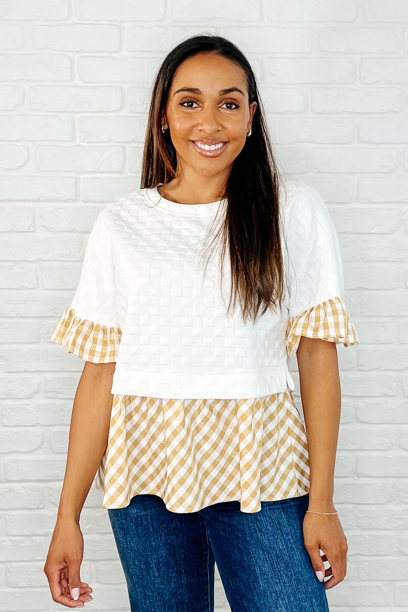 One Eleven North Welcome Me Home Gingham Print Top Womens