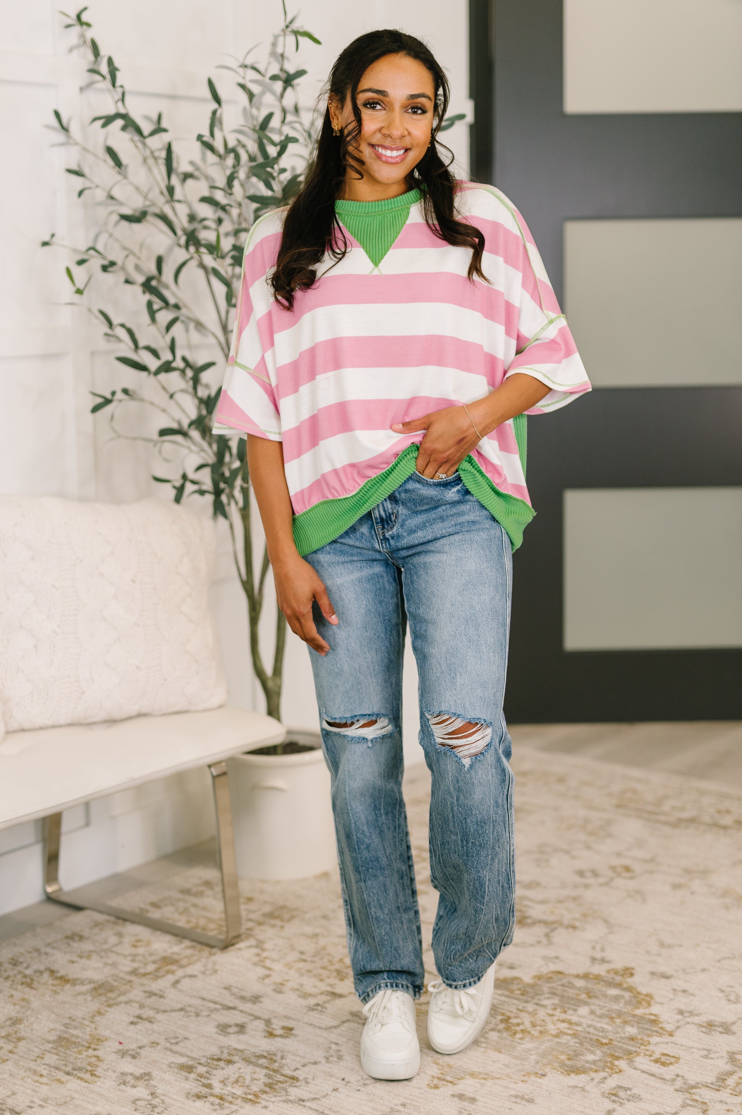 What's a Girl to Do Contrast Trim Relaxed Top Womens